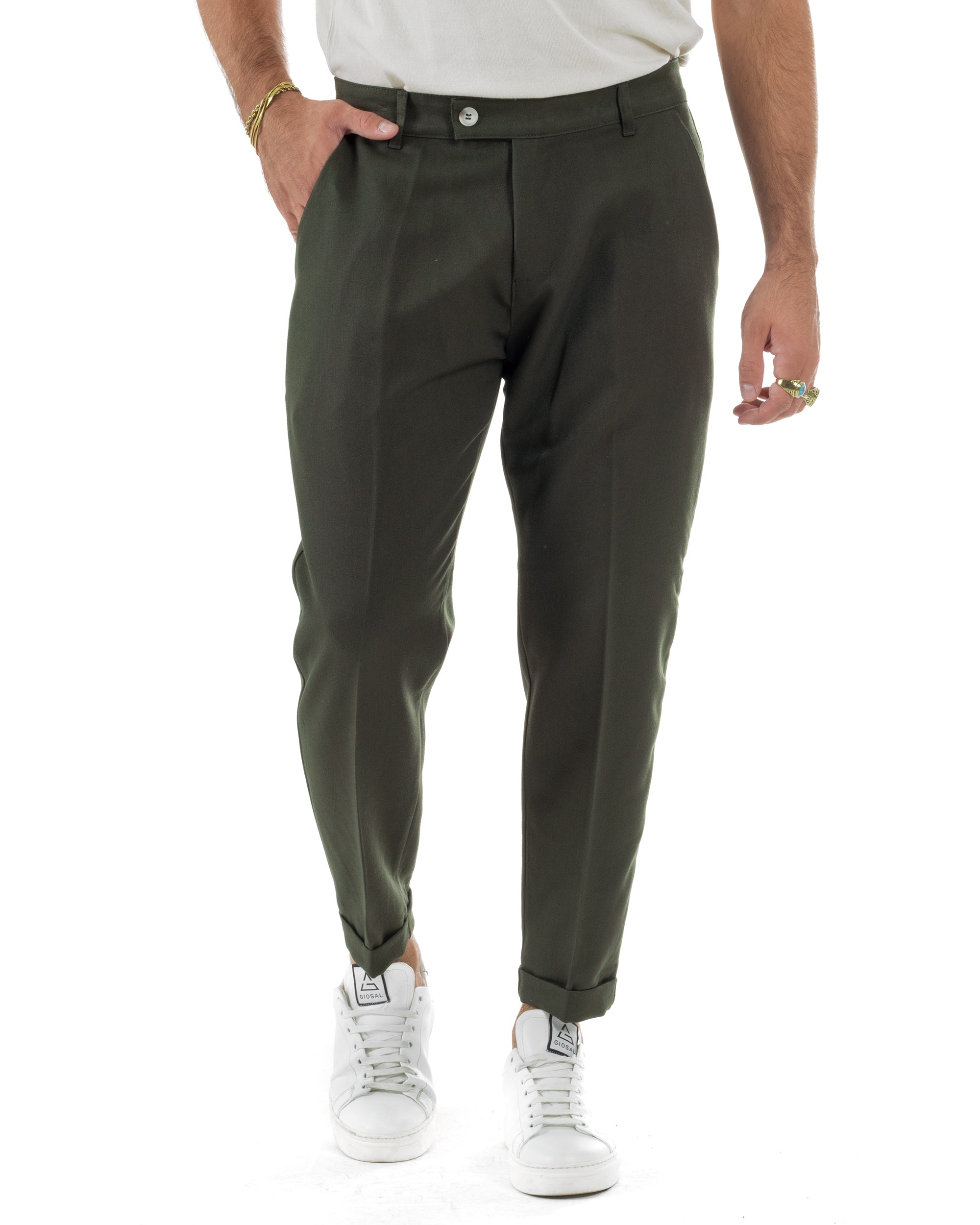 Pantaloni Uomo Viscosa Tasca America Classico Abbottonatura Allungata Casual Verde GIOSAL-P6212A