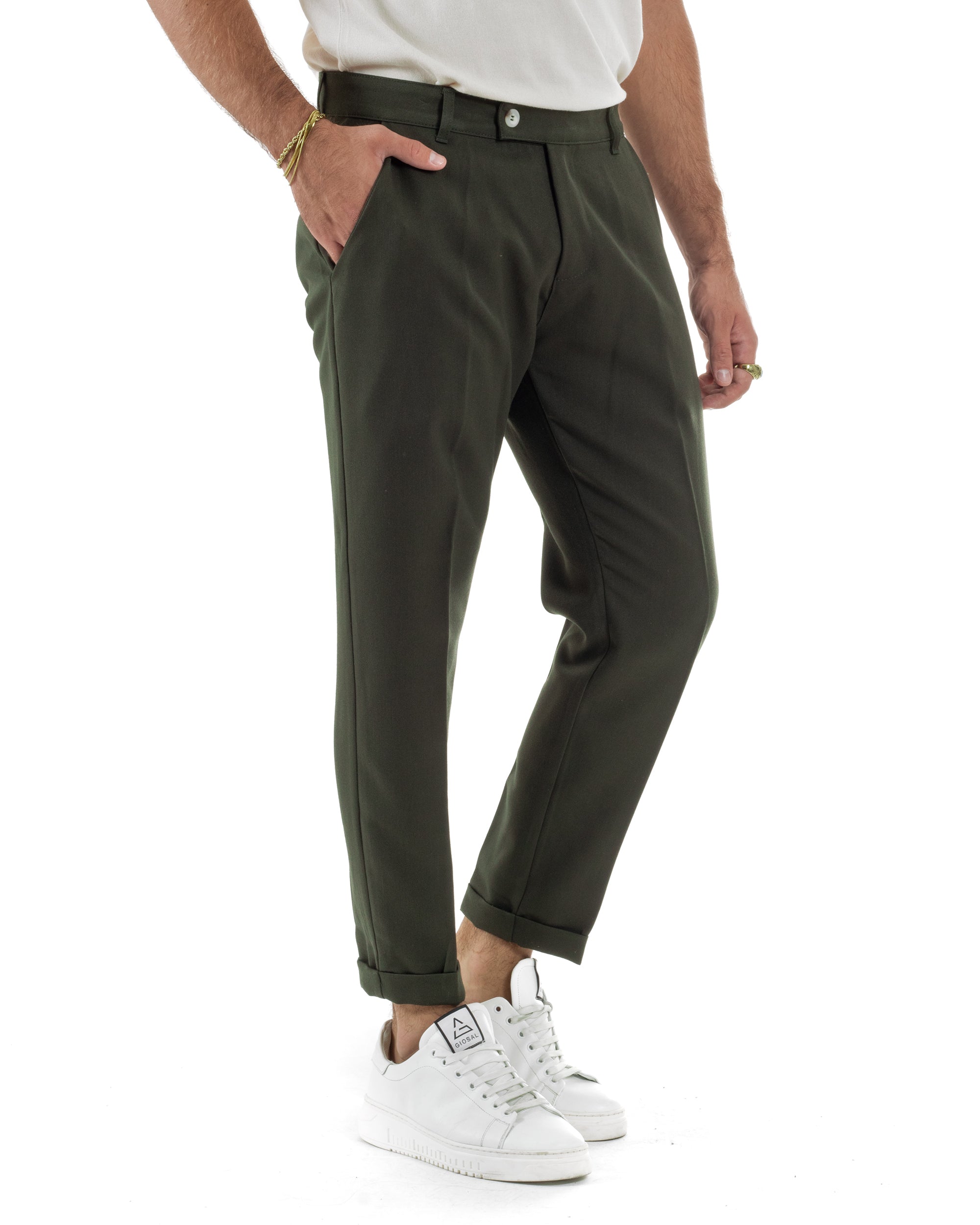 Pantaloni Uomo Viscosa Tasca America Classico Abbottonatura Allungata Casual Verde GIOSAL-P6212A