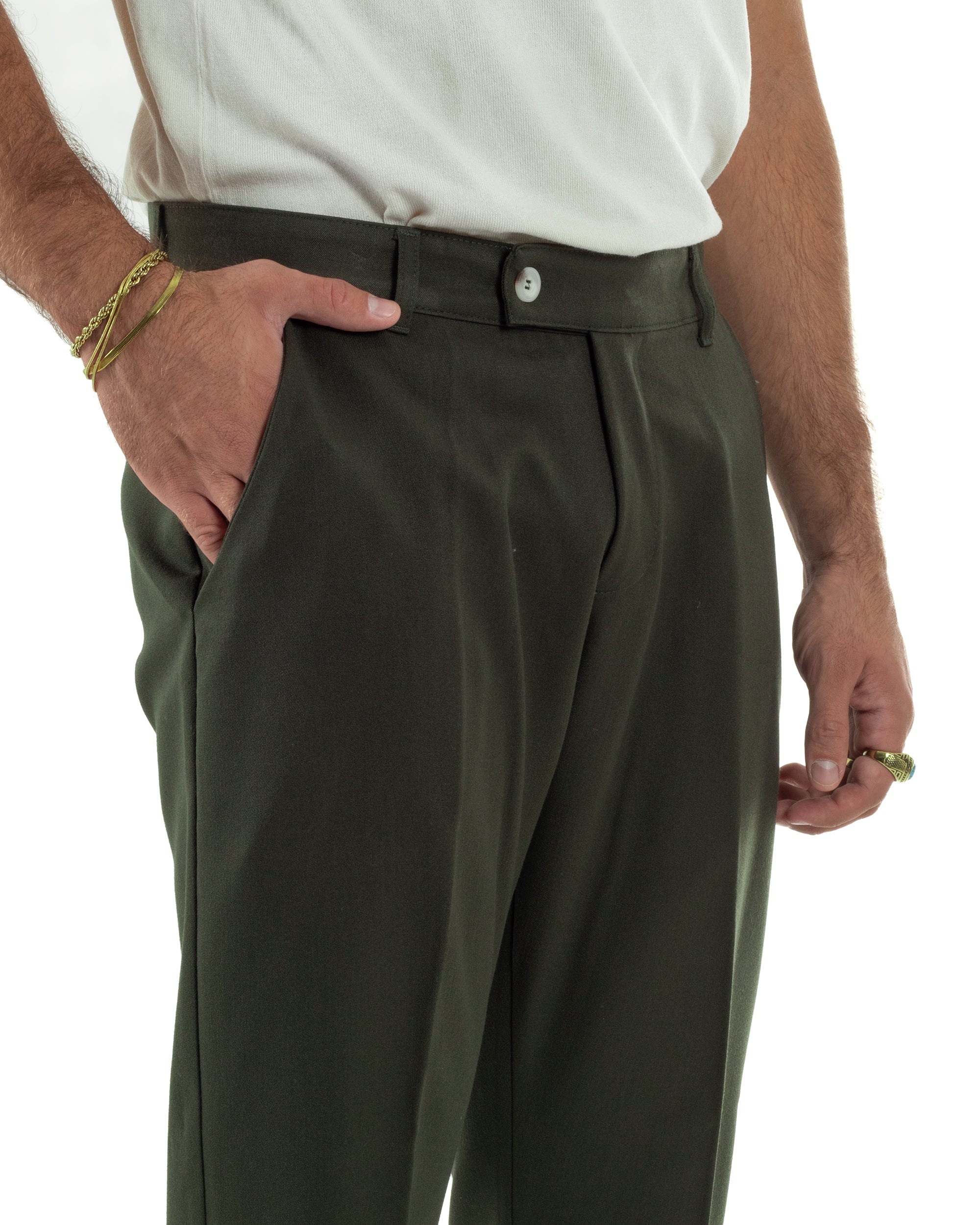 Pantaloni Uomo Viscosa Tasca America Classico Abbottonatura Allungata Casual Verde GIOSAL-P6212A
