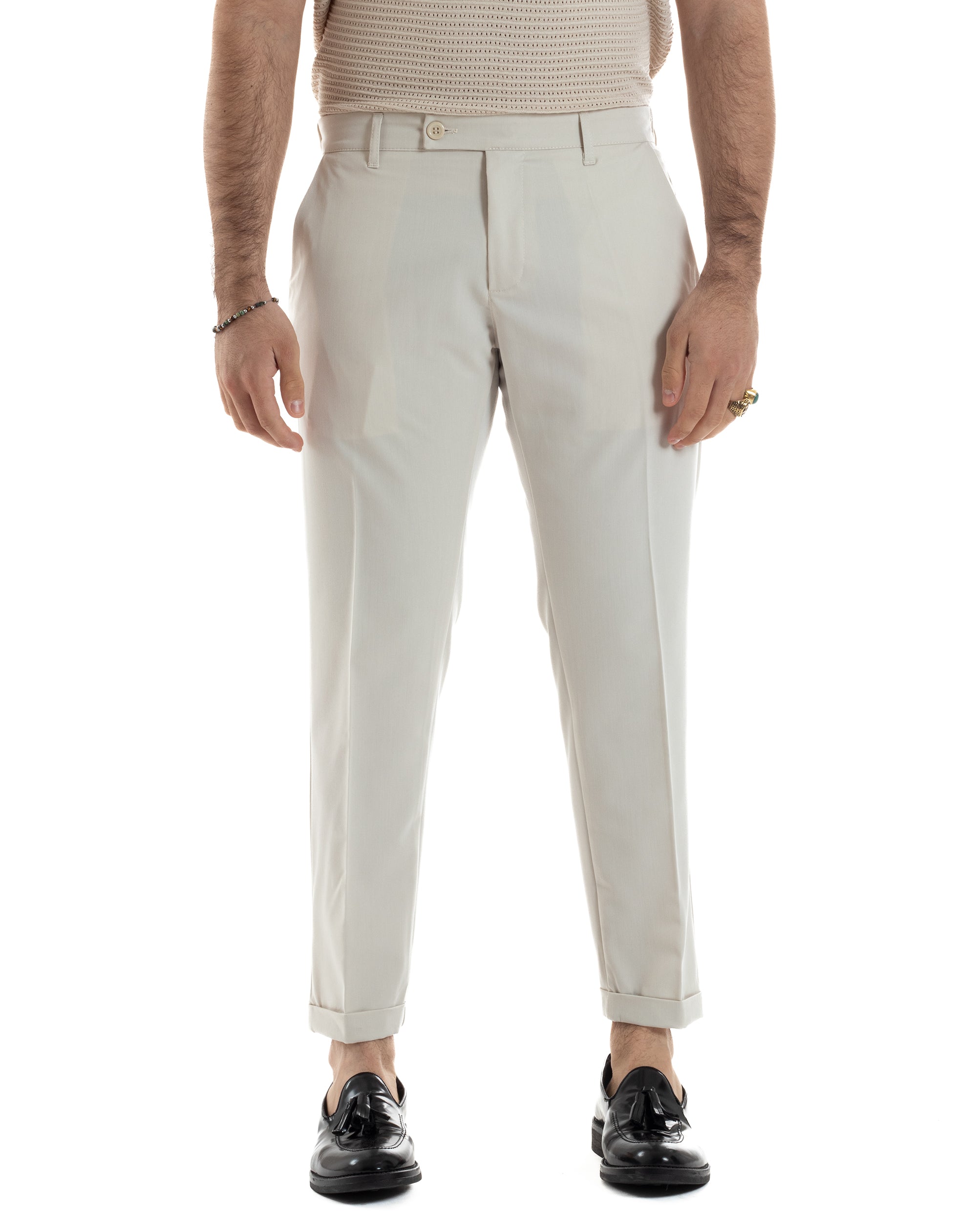 Pantaloni Uomo Viscosa Morbida Tasche America Abbottonatura Allungata Elastico Sul Retro Comodo Casual Tinta Unita Panna GIOSAL-P6217A