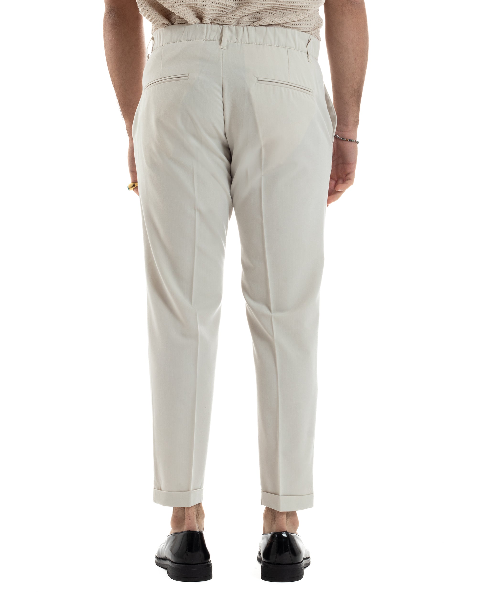 Pantaloni Uomo Viscosa Morbida Tasche America Abbottonatura Allungata Elastico Sul Retro Comodo Casual Tinta Unita Panna GIOSAL-P6217A