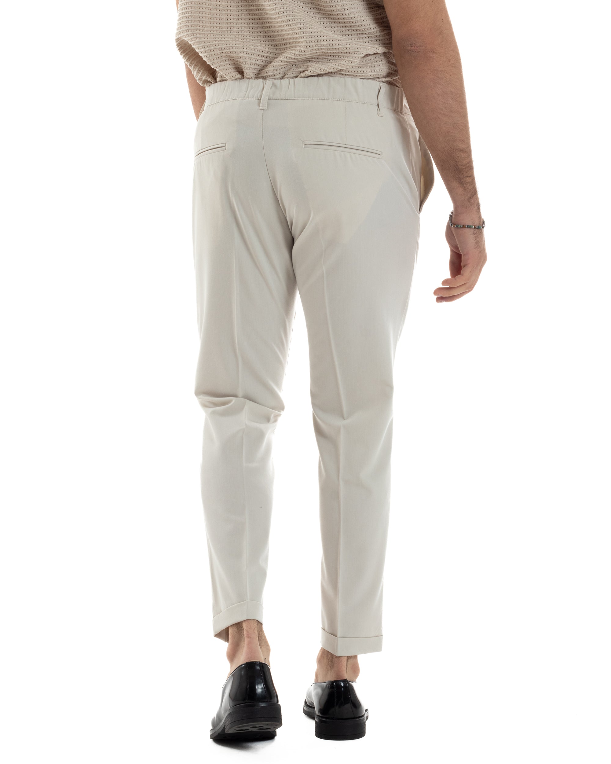 Pantaloni Uomo Viscosa Morbida Tasche America Abbottonatura Allungata Elastico Sul Retro Comodo Casual Tinta Unita Panna GIOSAL-P6217A