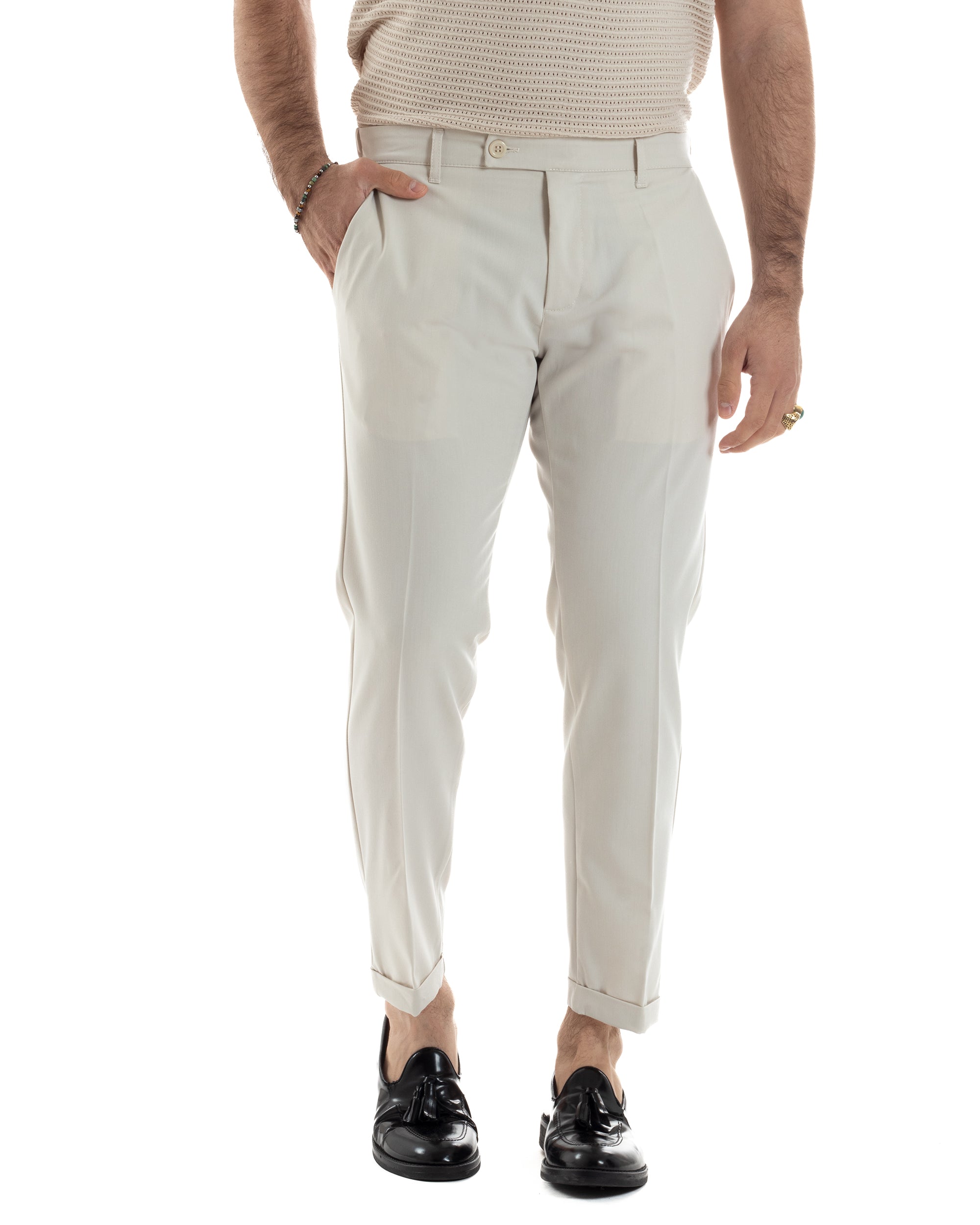 Pantaloni Uomo Viscosa Morbida Tasche America Abbottonatura Allungata Elastico Sul Retro Comodo Casual Tinta Unita Panna GIOSAL-P6217A