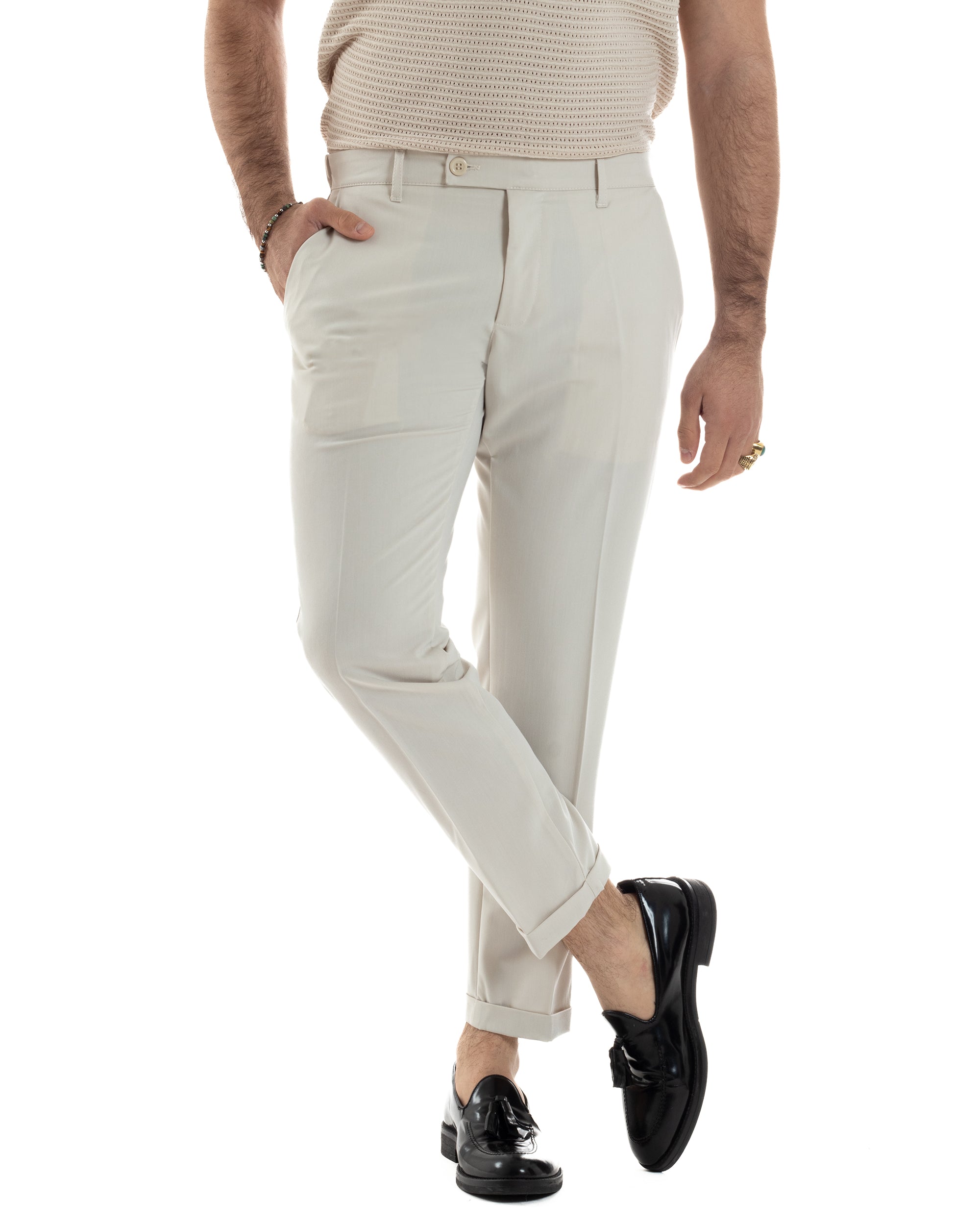Pantaloni Uomo Viscosa Morbida Tasche America Abbottonatura Allungata Elastico Sul Retro Comodo Casual Tinta Unita Panna GIOSAL-P6217A