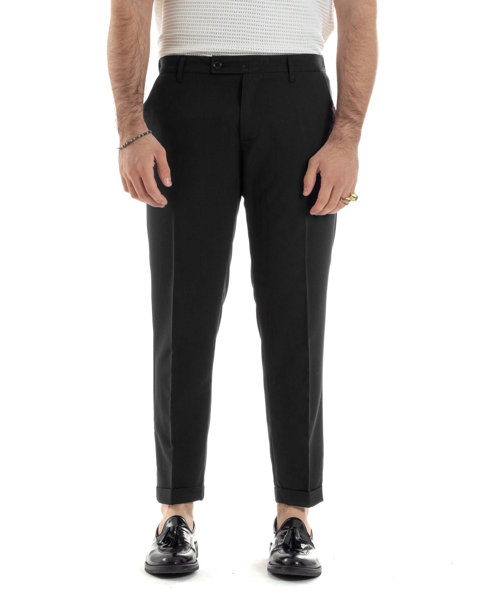 Pantaloni Uomo Viscosa Morbida Tasche America Abbottonatura Allungata Elastico Sul Retro Comodo Casual Tinta Unita Nero GIOSAL-P6218A