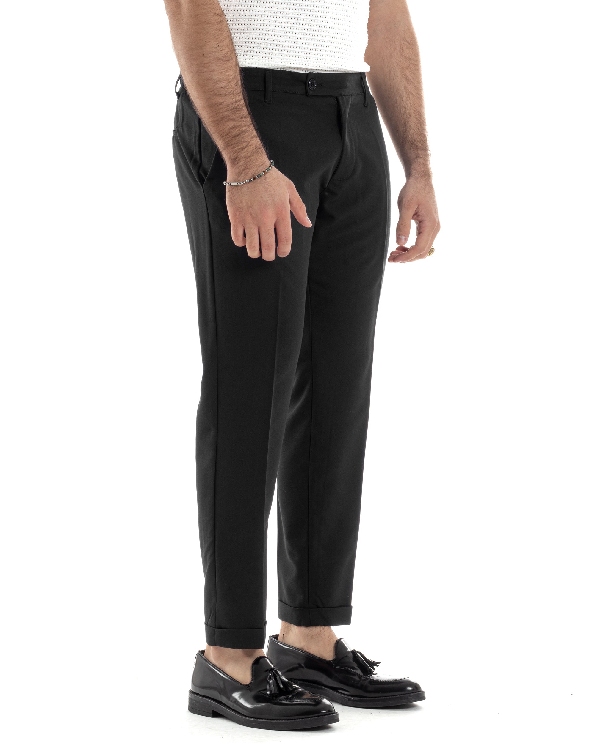 Pantaloni Uomo Viscosa Morbida Tasche America Abbottonatura Allungata Elastico Sul Retro Comodo Casual Tinta Unita Nero GIOSAL-P6218A