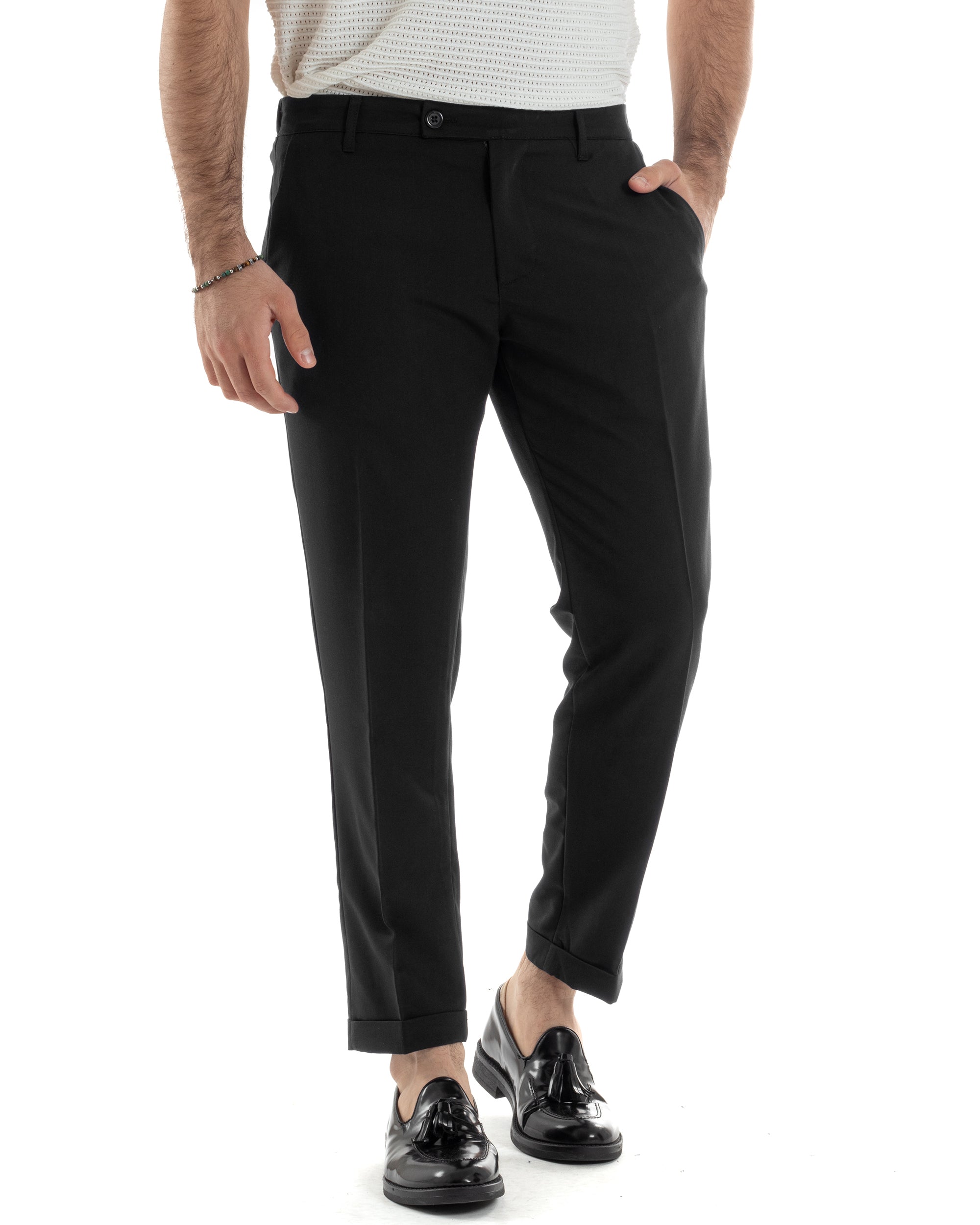 Pantaloni Uomo Viscosa Morbida Tasche America Abbottonatura Allungata Elastico Sul Retro Comodo Casual Tinta Unita Nero GIOSAL-P6218A