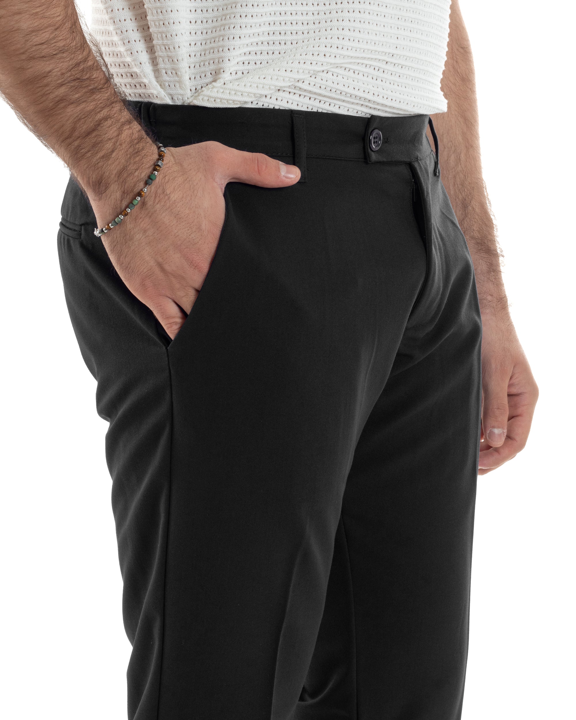 Pantaloni Uomo Viscosa Morbida Tasche America Abbottonatura Allungata Elastico Sul Retro Comodo Casual Tinta Unita Nero GIOSAL-P6218A