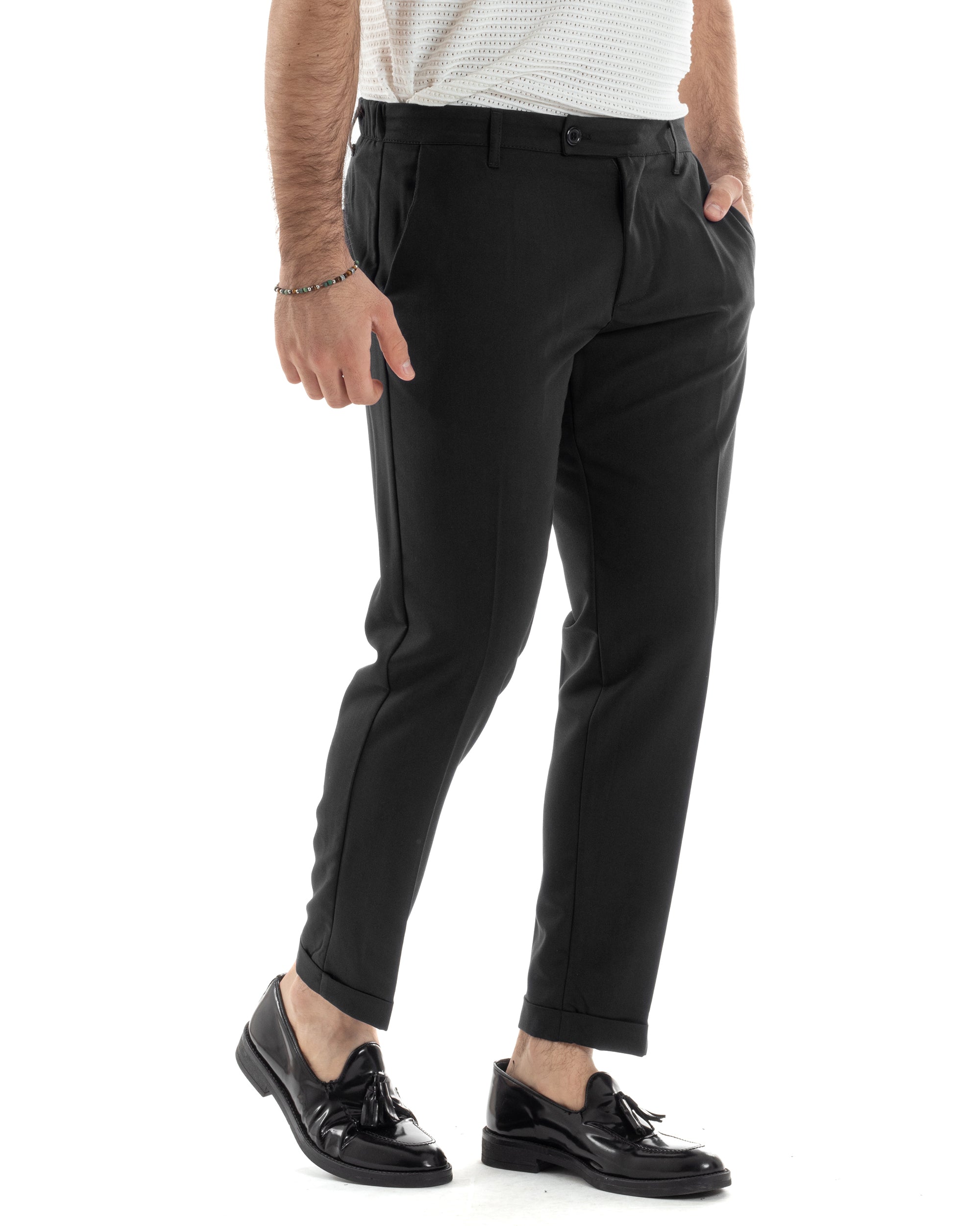 Pantaloni Uomo Viscosa Morbida Tasche America Abbottonatura Allungata Elastico Sul Retro Comodo Casual Tinta Unita Nero GIOSAL-P6218A