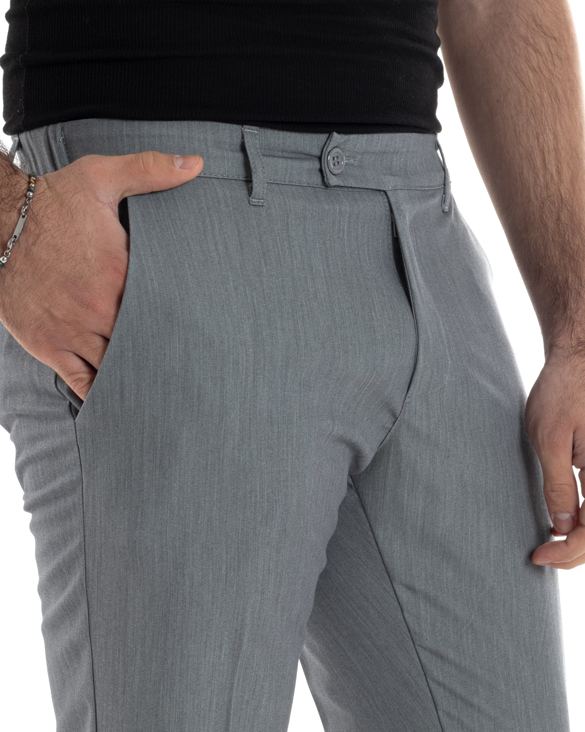Pantaloni Uomo Viscosa Morbida Tasche America Abbottonatura Allungata Elastico Sul Retro Comodo Casual Tinta Unita Grigio GIOSAL-P6220A