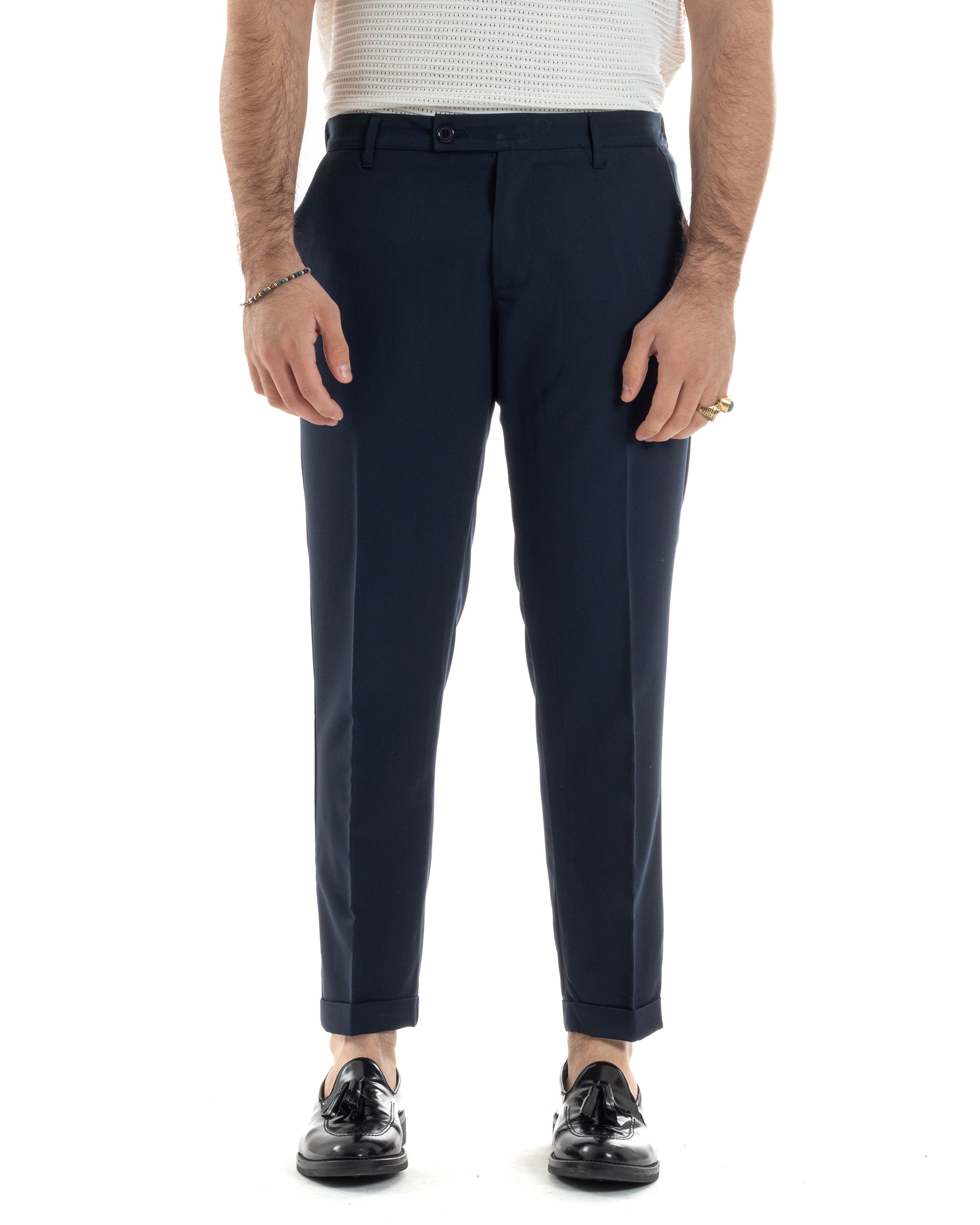 Pantaloni Uomo Viscosa Morbida Tasche America Abbottonatura Allungata Elastico Sul Retro Comodo Casual Tinta Unita Blu GIOSAL-P6221A