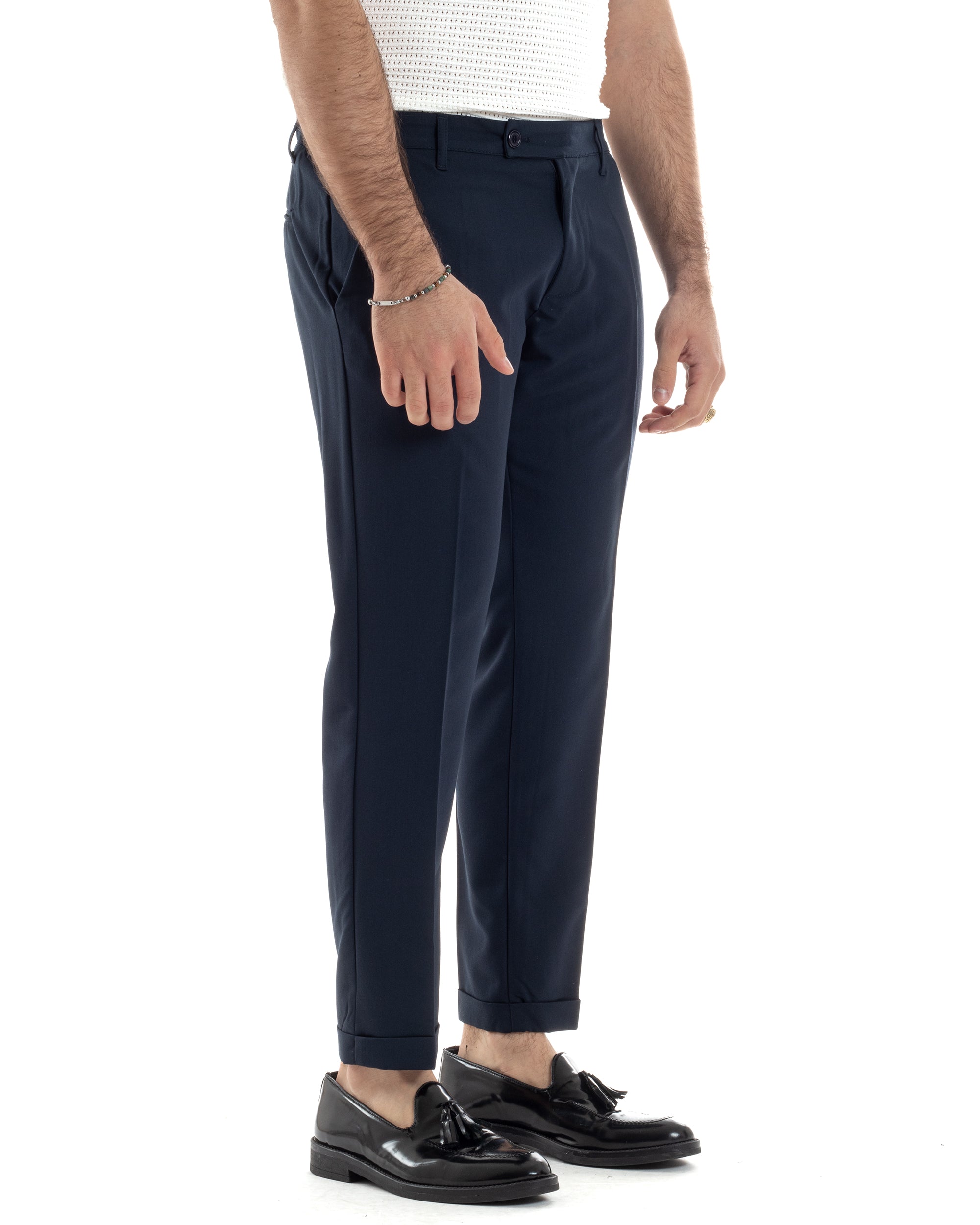 Pantaloni Uomo Viscosa Morbida Tasche America Abbottonatura Allungata Elastico Sul Retro Comodo Casual Tinta Unita Blu GIOSAL-P6221A
