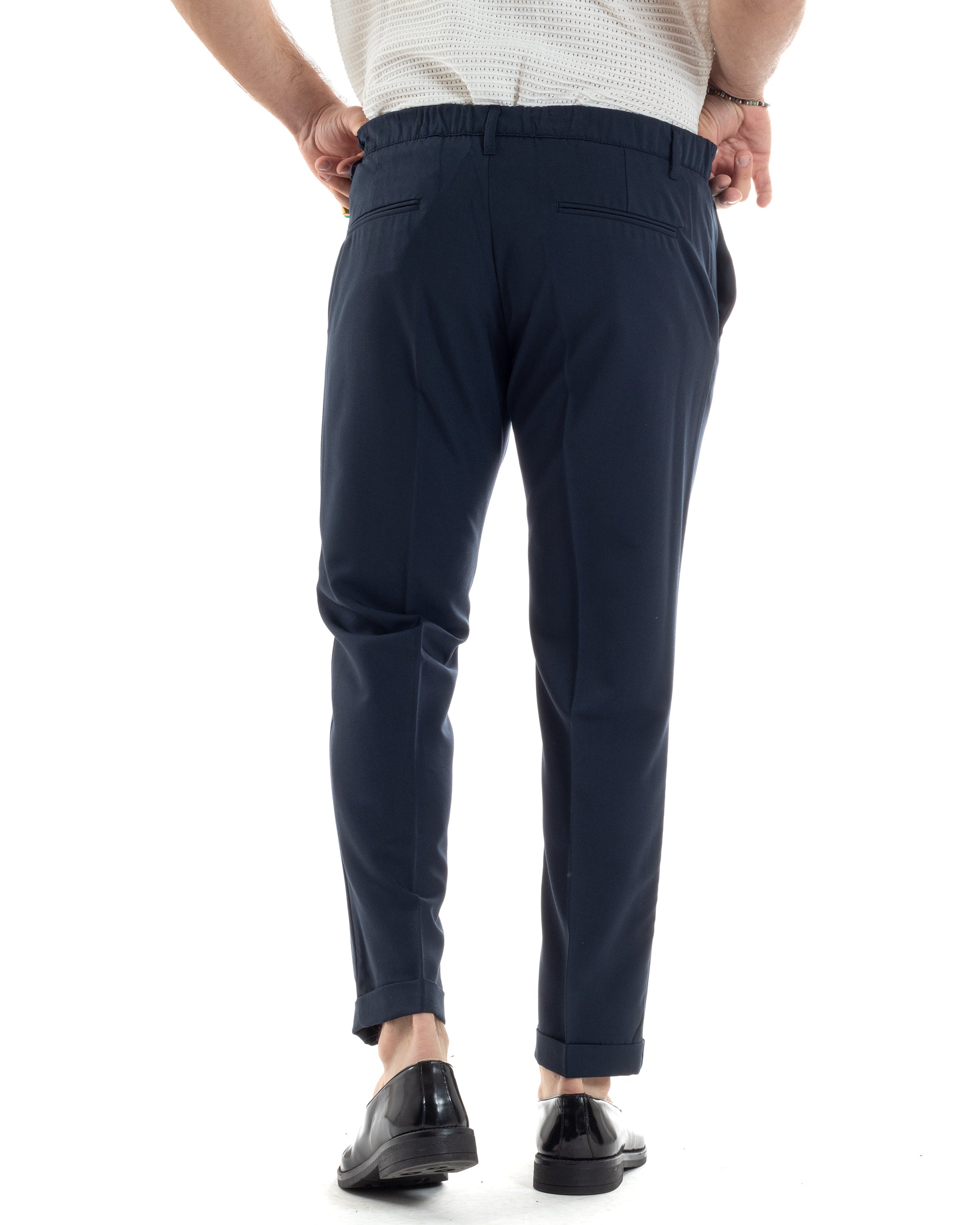 Pantaloni Uomo Viscosa Morbida Tasche America Abbottonatura Allungata Elastico Sul Retro Comodo Casual Tinta Unita Blu GIOSAL-P6221A