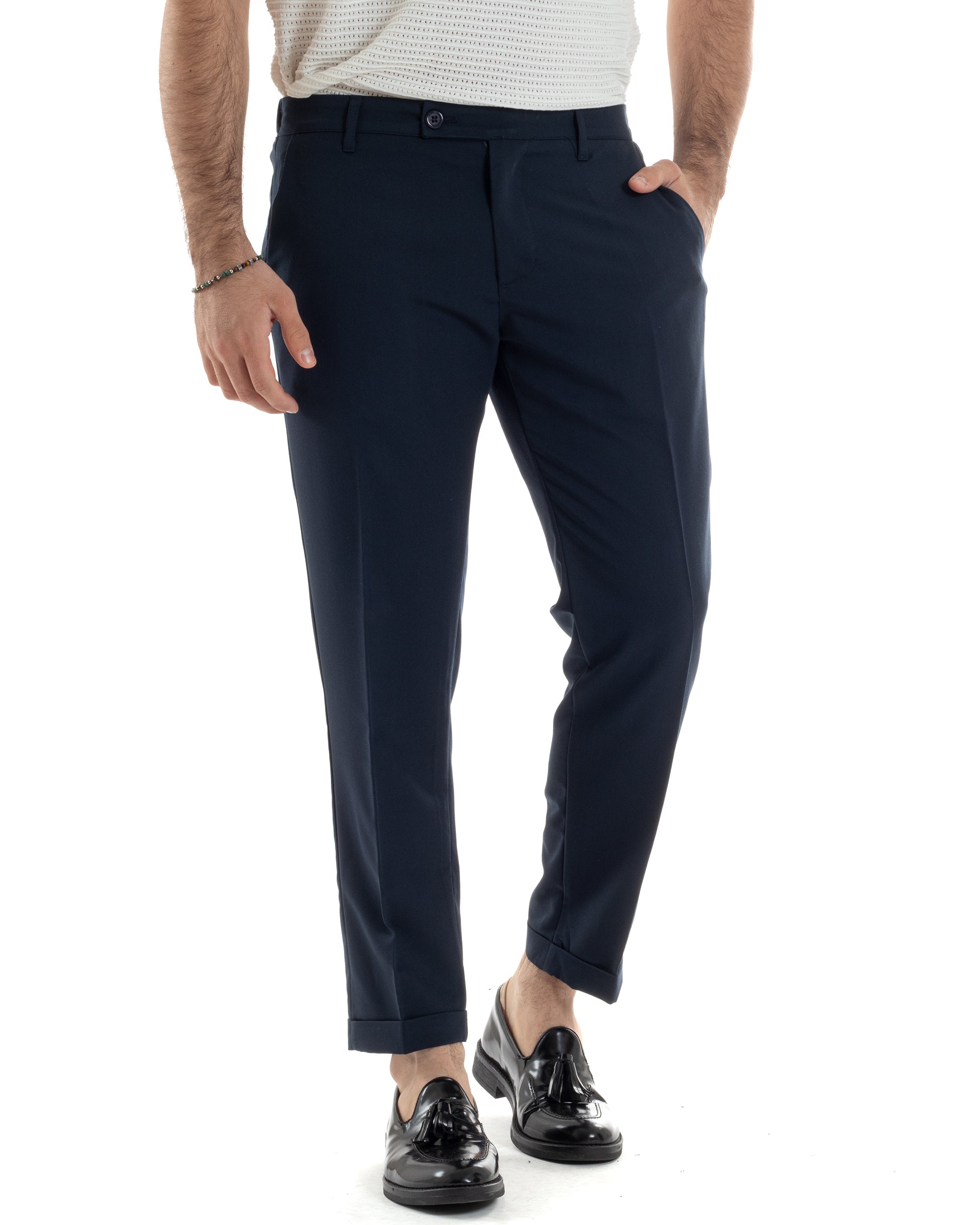 Pantaloni Uomo Viscosa Morbida Tasche America Abbottonatura Allungata Elastico Sul Retro Comodo Casual Tinta Unita Blu GIOSAL-P6221A