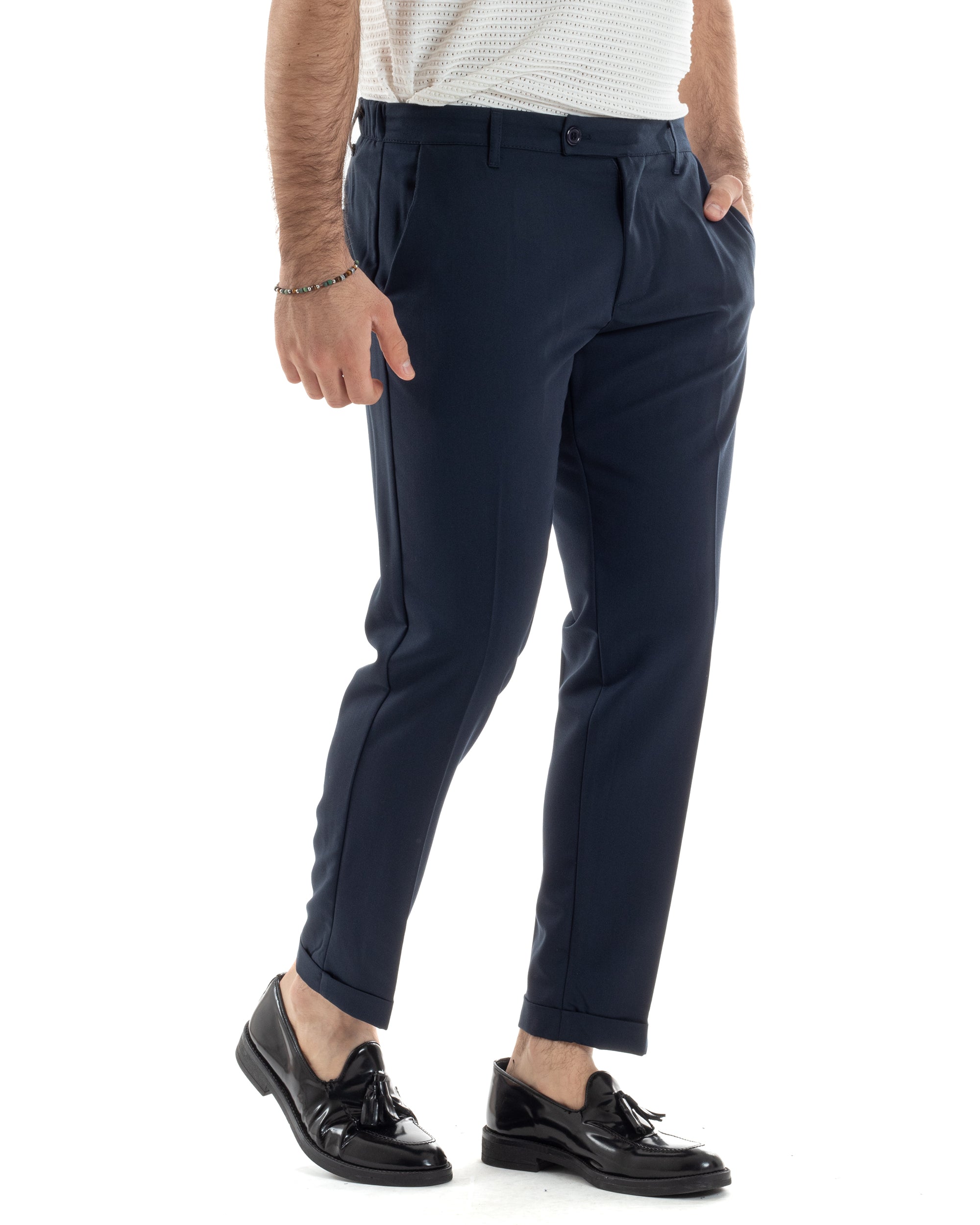 Pantaloni Uomo Viscosa Morbida Tasche America Abbottonatura Allungata Elastico Sul Retro Comodo Casual Tinta Unita Blu GIOSAL-P6221A