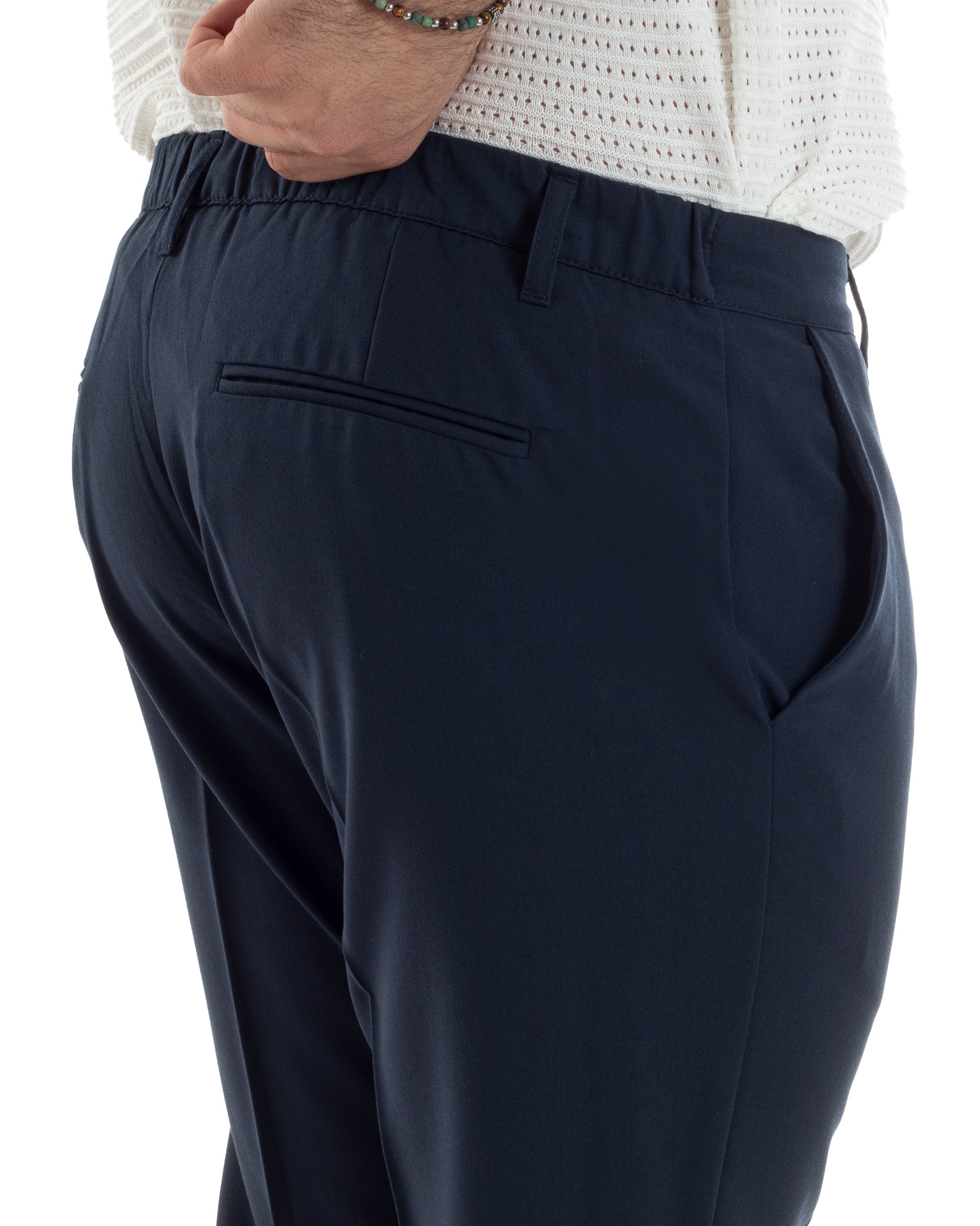 Pantaloni Uomo Viscosa Morbida Tasche America Abbottonatura Allungata Elastico Sul Retro Comodo Casual Tinta Unita Blu GIOSAL-P6221A