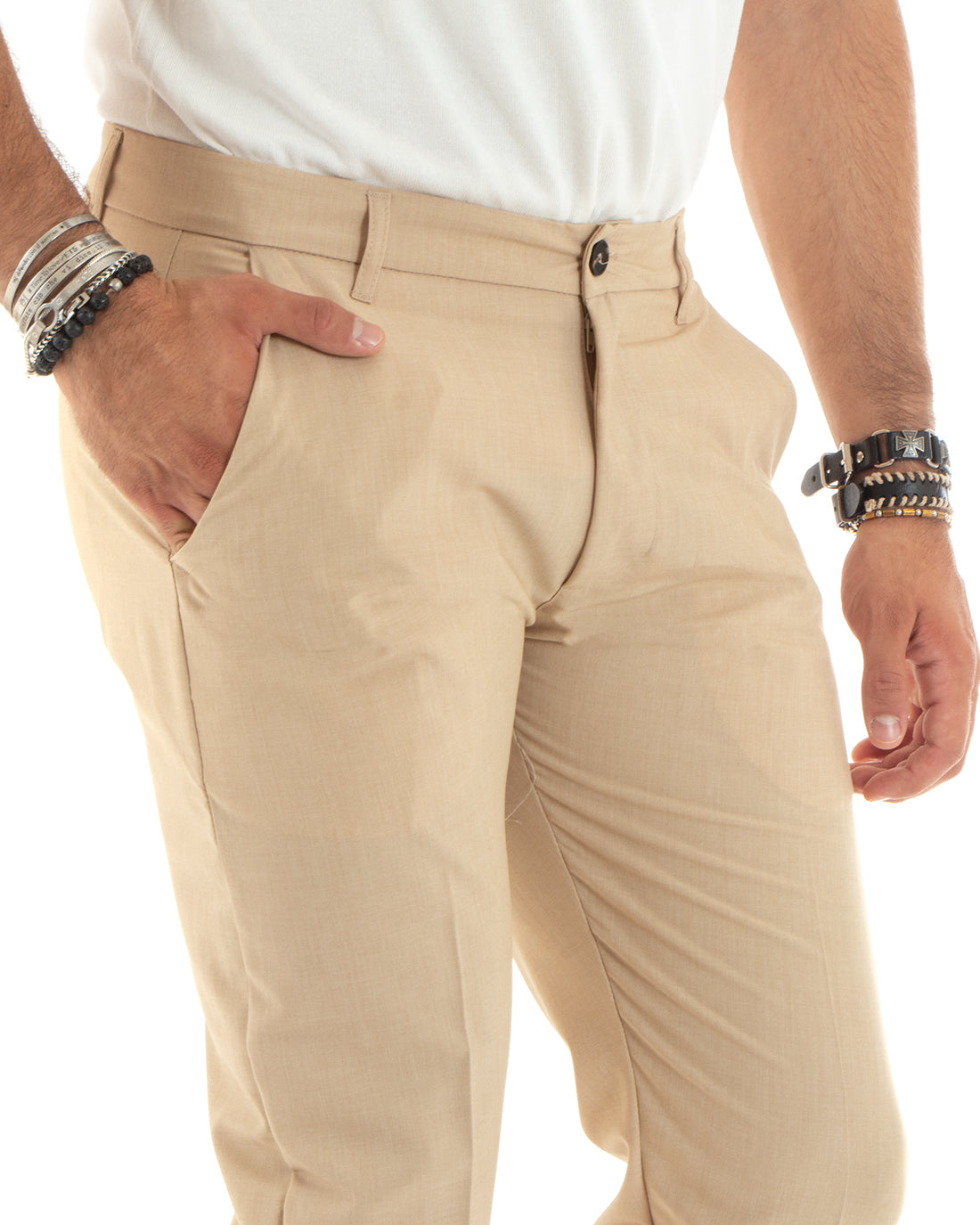 Pantaloni Uomo Tasca America Chinos Lungo Classico Slim Casual Tinta Unita Camel GIOSAL-P6222A