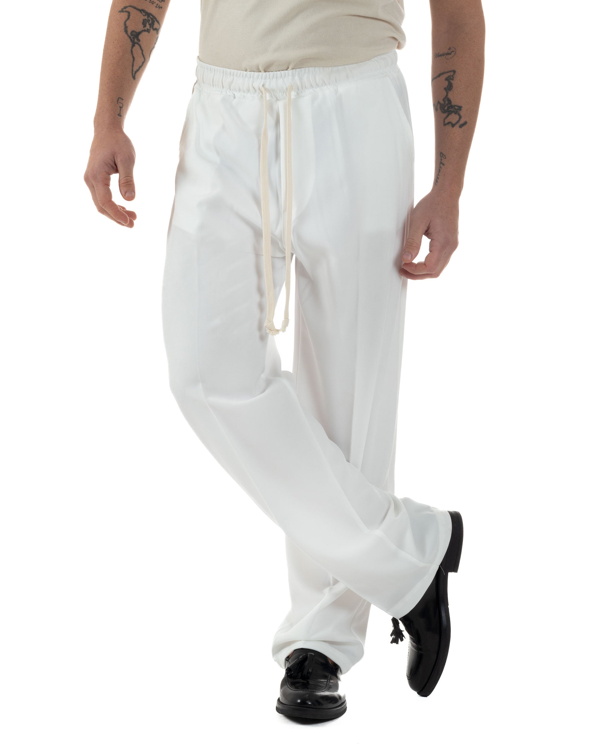 Pantaloni Uomo Pantalaccio Morbido Viscosa Baggy Coulisse Fondo Largo Bianco GIOSAL-P6223A