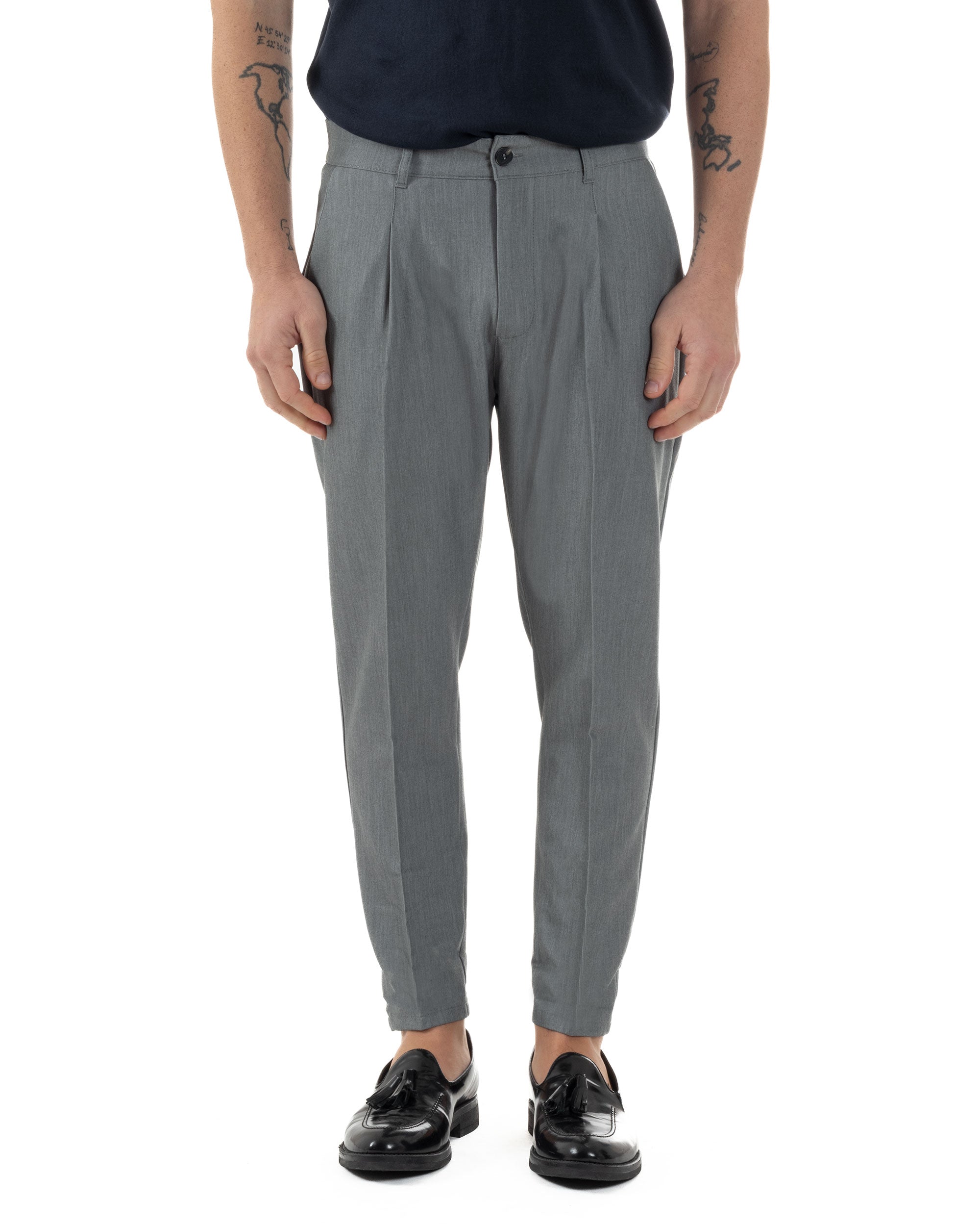 Pantaloni Uomo Viscosa Capri Casual Classico Tasche America Pinces Grigio GIOSAL-P6224A