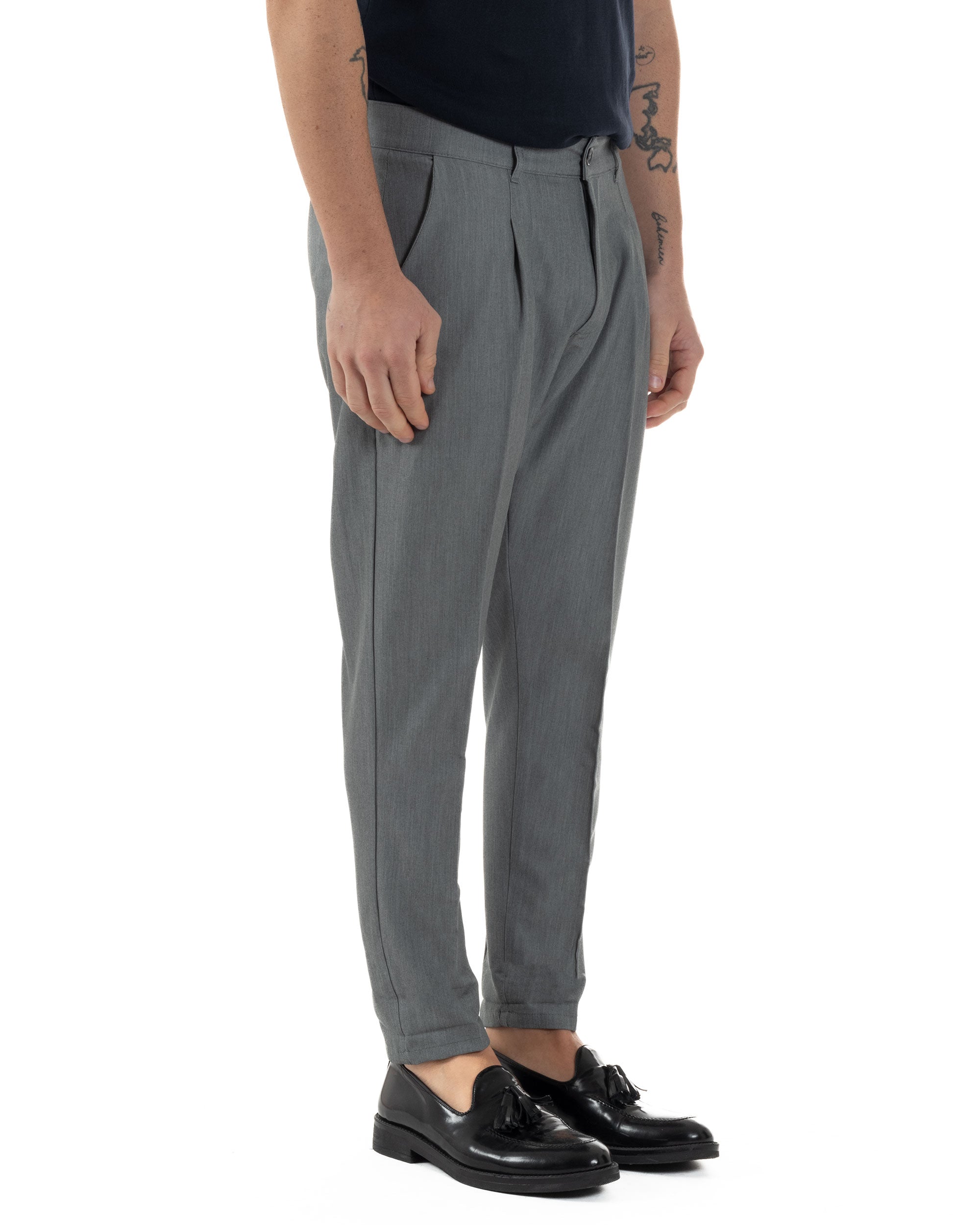 Pantaloni Uomo Viscosa Capri Casual Classico Tasche America Pinces Grigio GIOSAL-P6224A