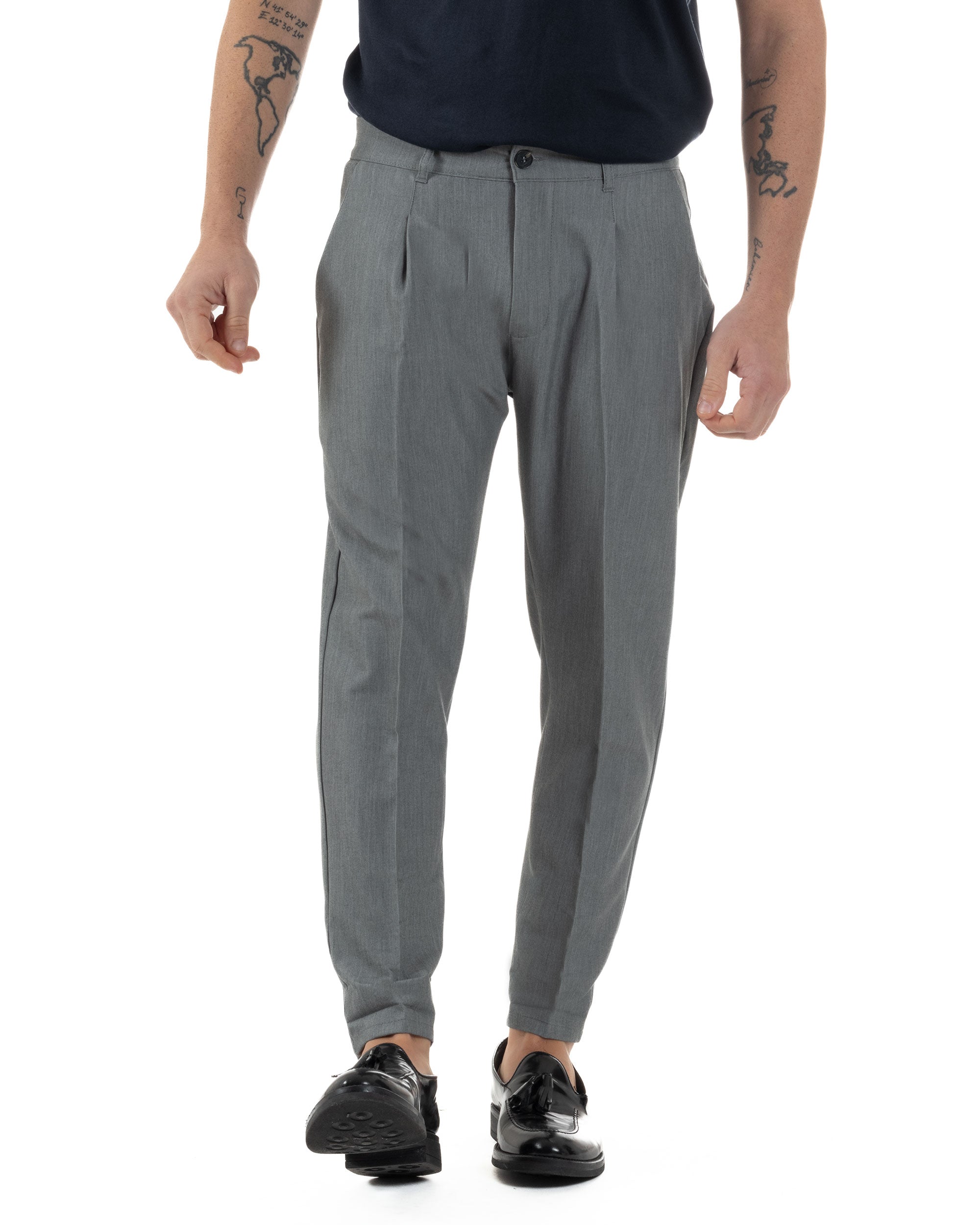 Pantaloni Uomo Viscosa Capri Casual Classico Tasche America Pinces Grigio GIOSAL-P6224A