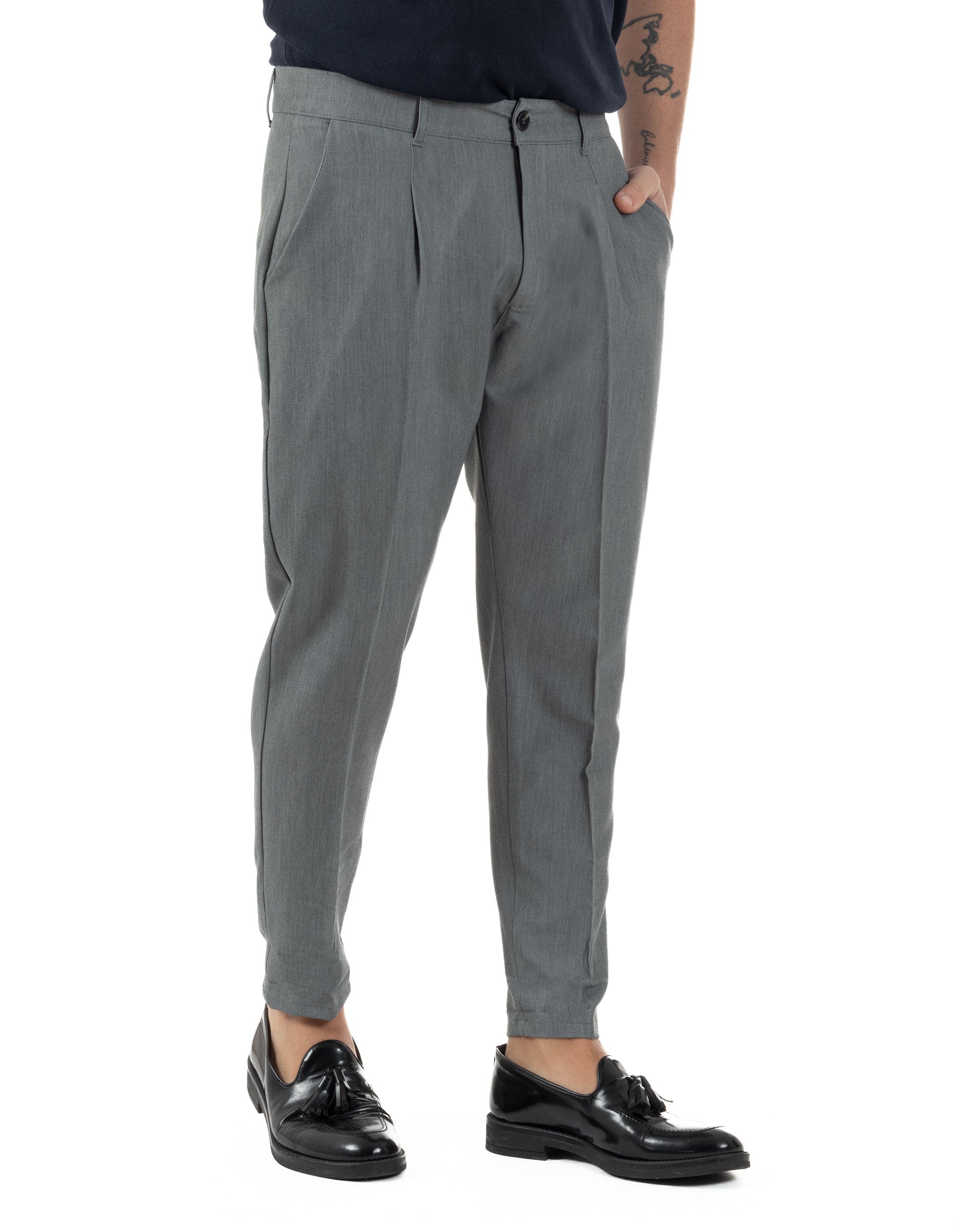 Pantaloni Uomo Viscosa Capri Casual Classico Tasche America Pinces Grigio GIOSAL-P6224A