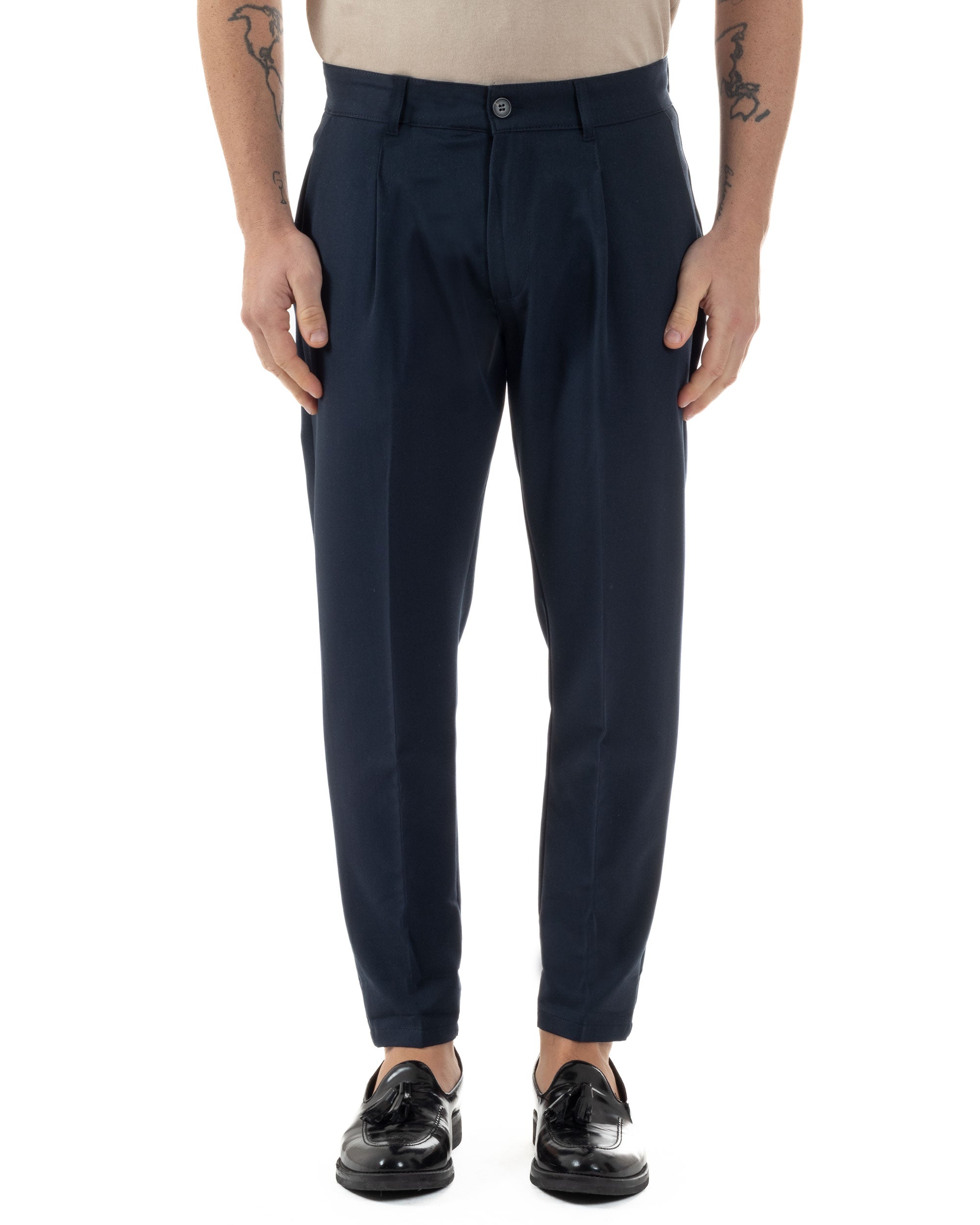 Pantaloni Uomo Viscosa Capri Casual Classico Tasche America Pinces Blu GIOSAL-P6225A