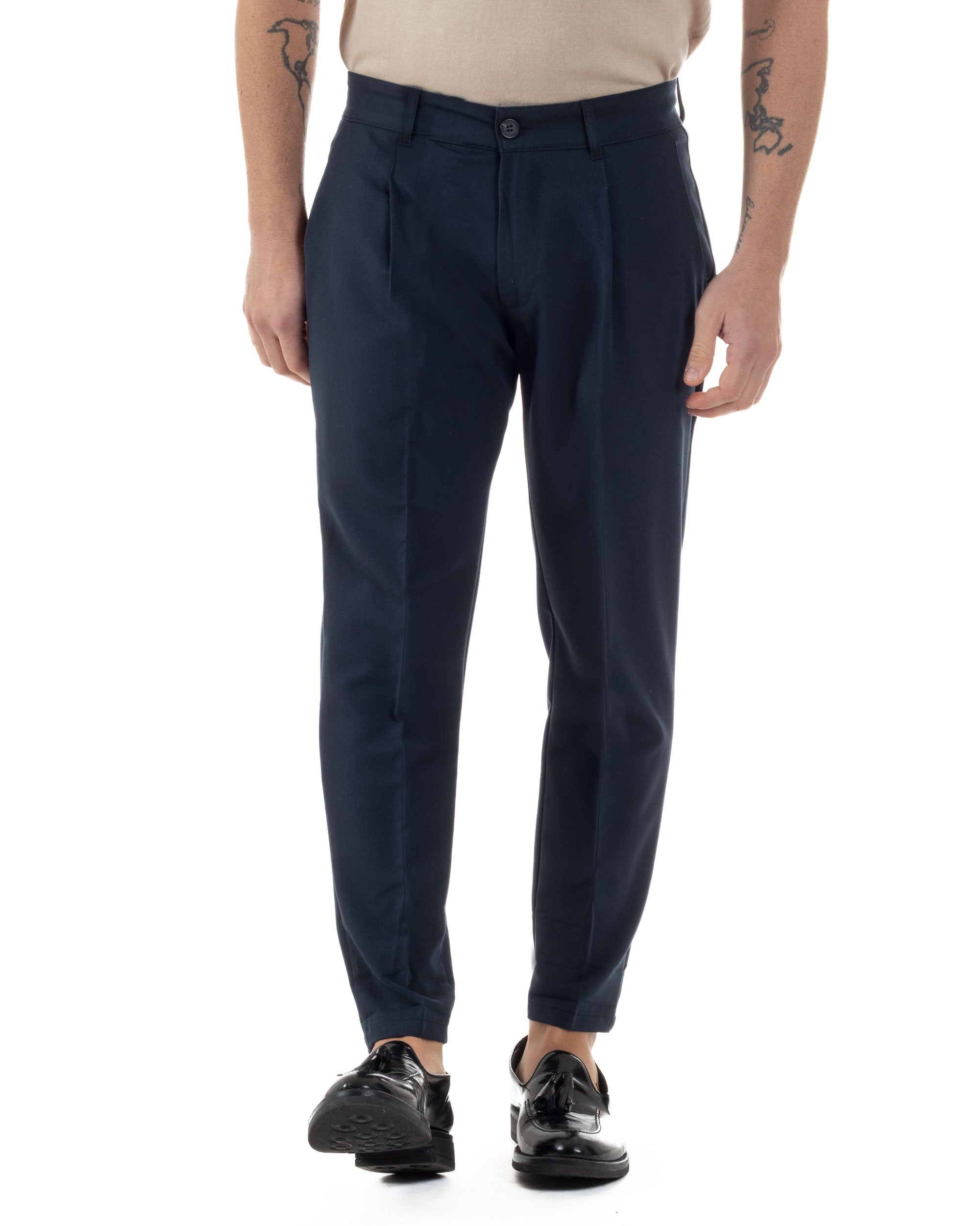 Pantaloni Uomo Viscosa Capri Casual Classico Tasche America Pinces Blu GIOSAL-P6225A