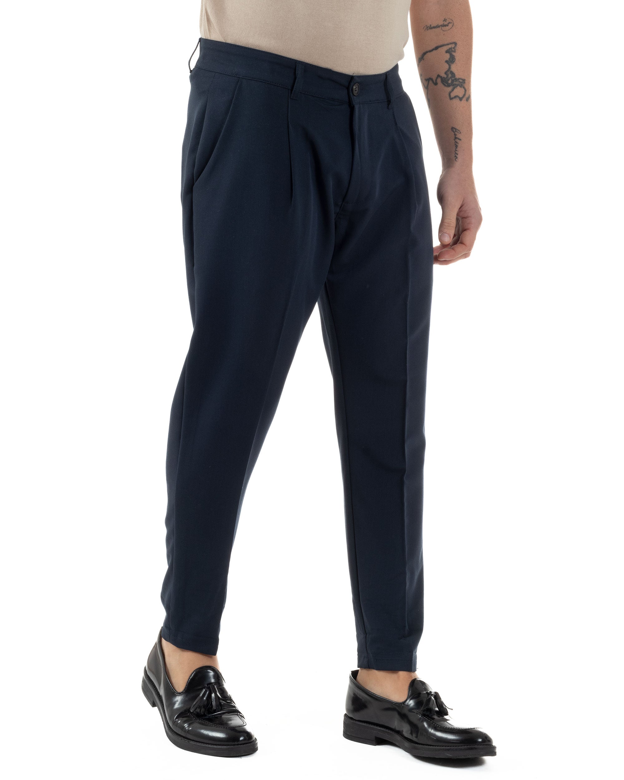 Pantaloni Uomo Viscosa Capri Casual Classico Tasche America Pinces Blu GIOSAL-P6225A