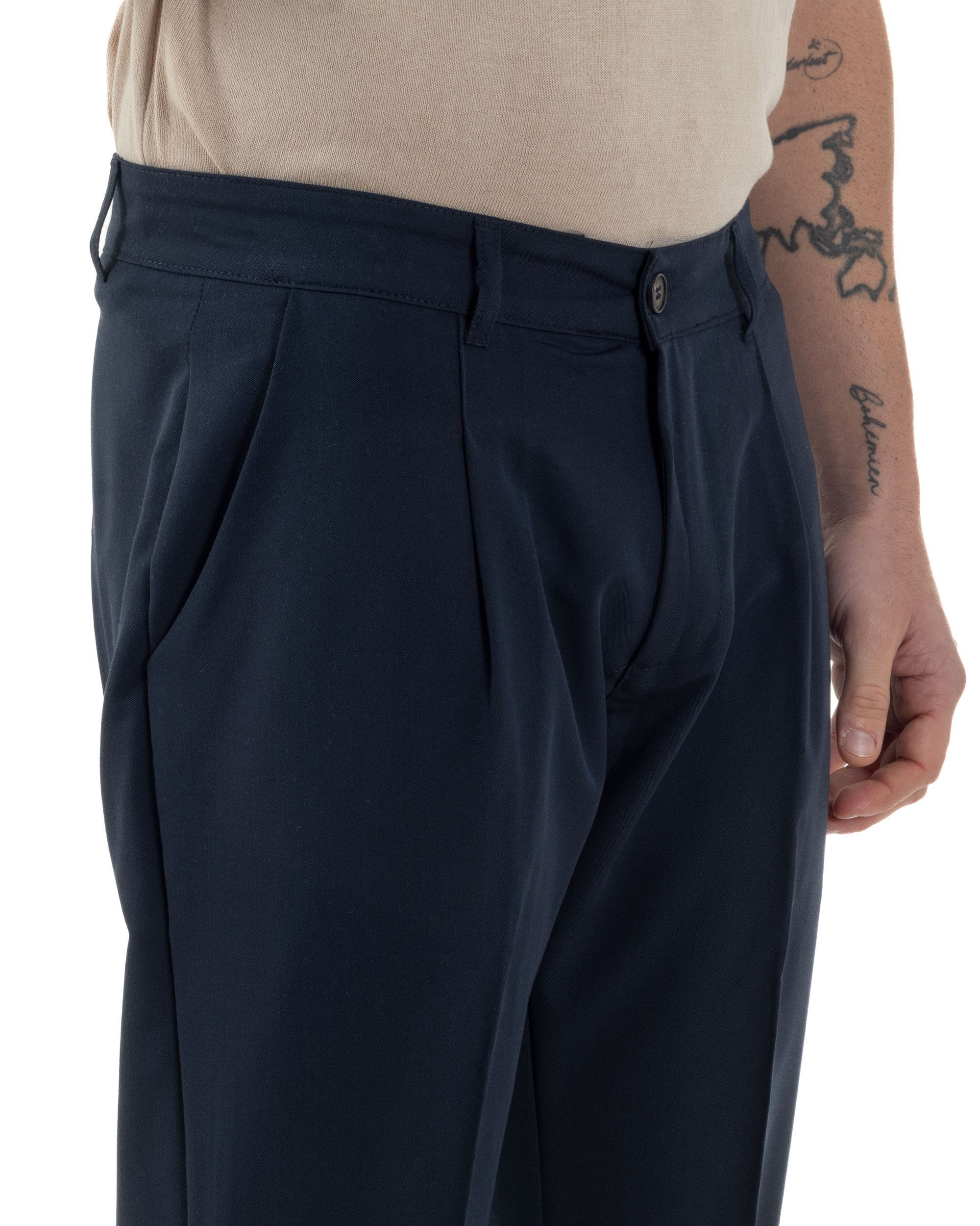 Pantaloni Uomo Viscosa Capri Casual Classico Tasche America Pinces Blu GIOSAL-P6225A