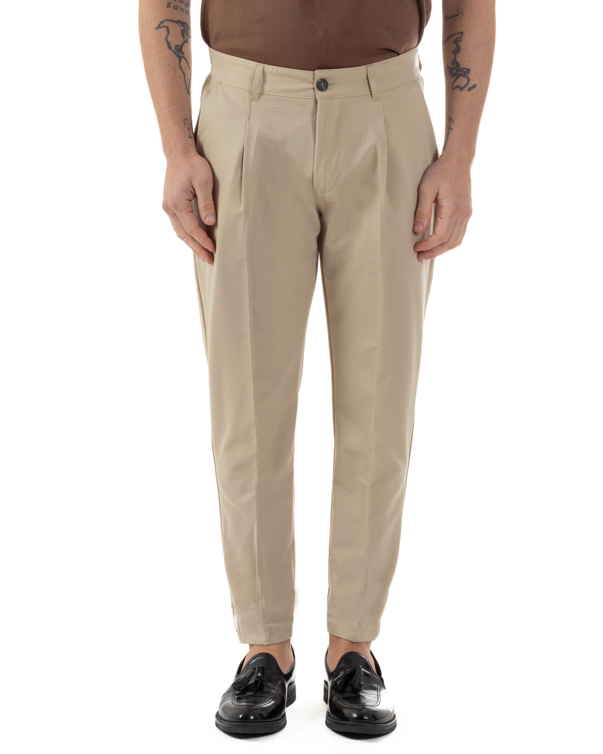 Pantaloni Uomo Viscosa Capri Casual Classico Tasche America Pinces Beige GIOSAL-P6226A