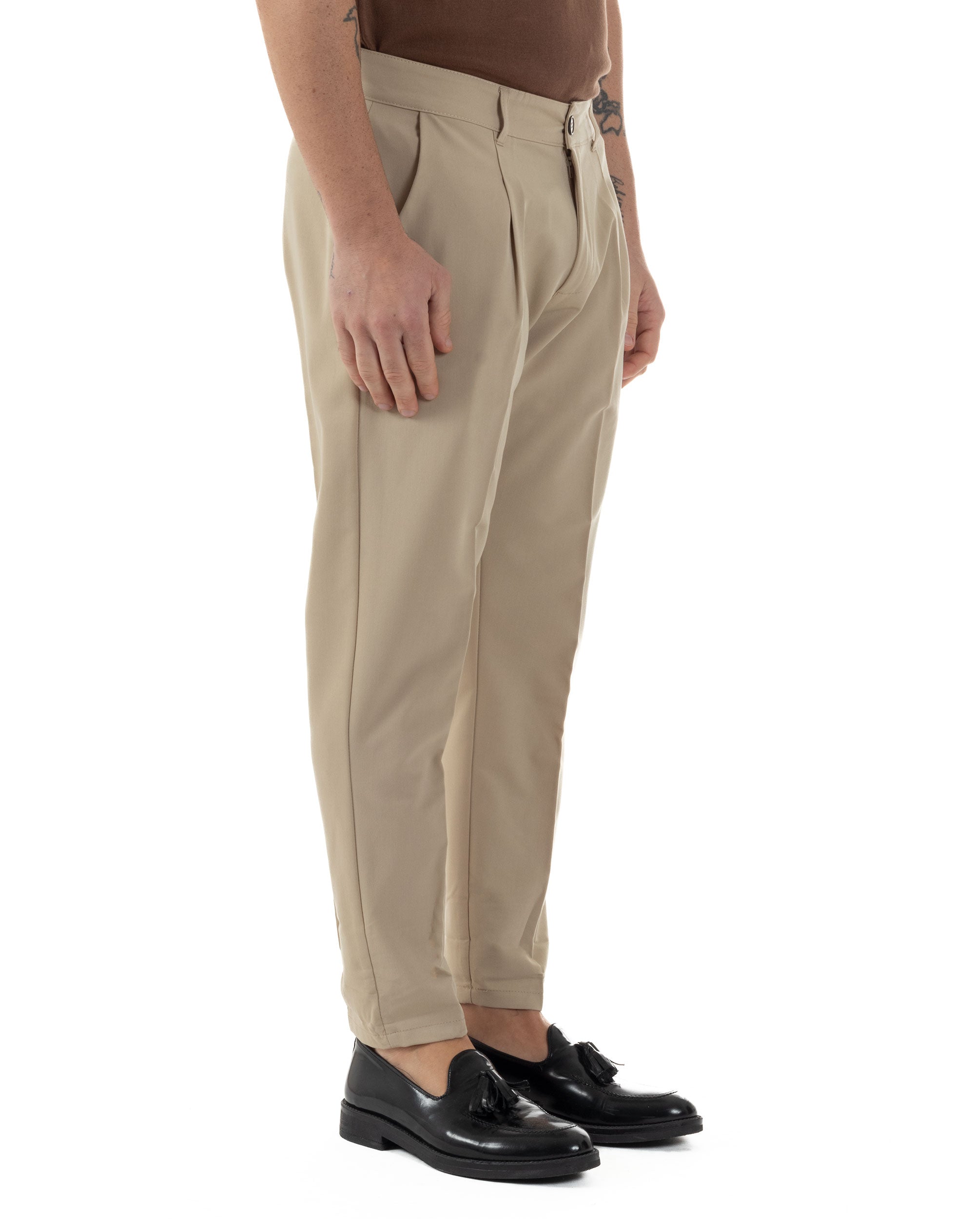 Pantaloni Uomo Viscosa Capri Casual Classico Tasche America Pinces Beige GIOSAL-P6226A