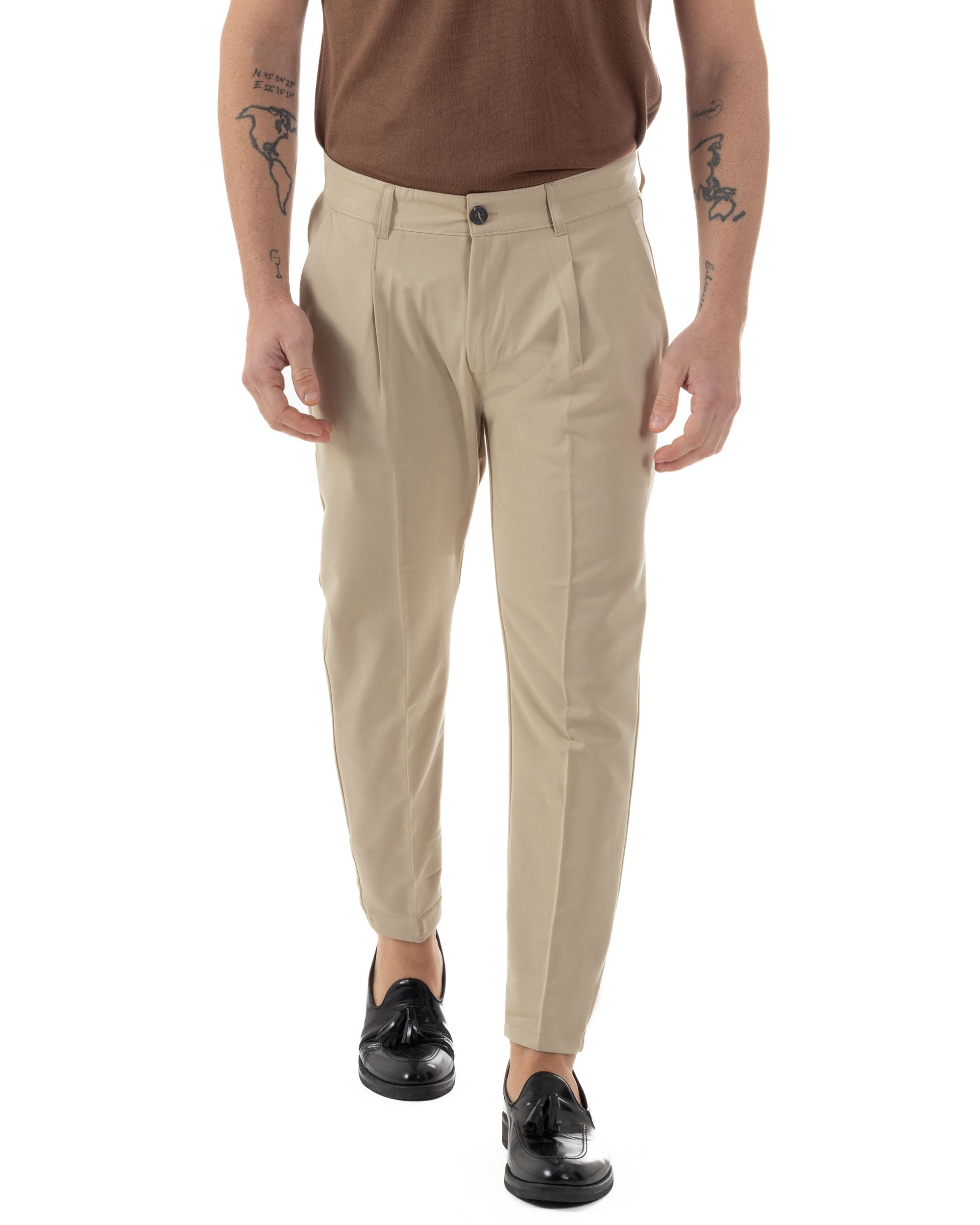 Pantaloni Uomo Viscosa Capri Casual Classico Tasche America Pinces Beige GIOSAL-P6226A