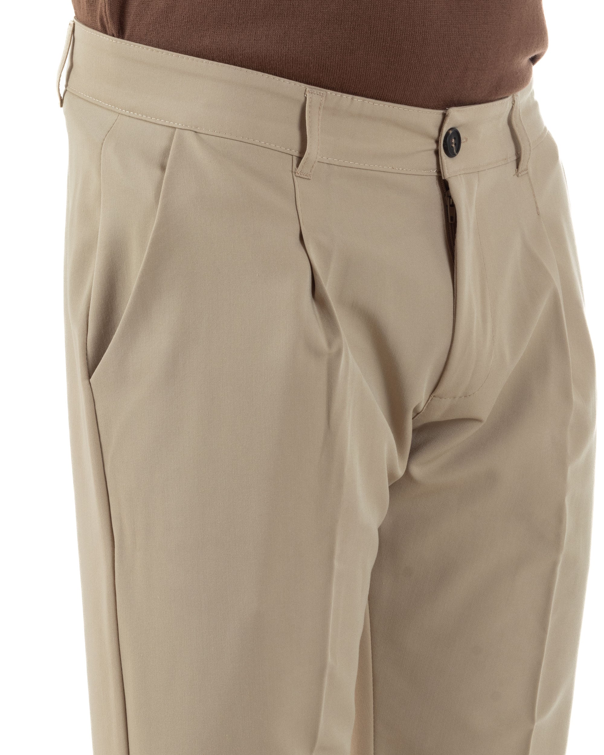 Pantaloni Uomo Viscosa Capri Casual Classico Tasche America Pinces Beige GIOSAL-P6226A