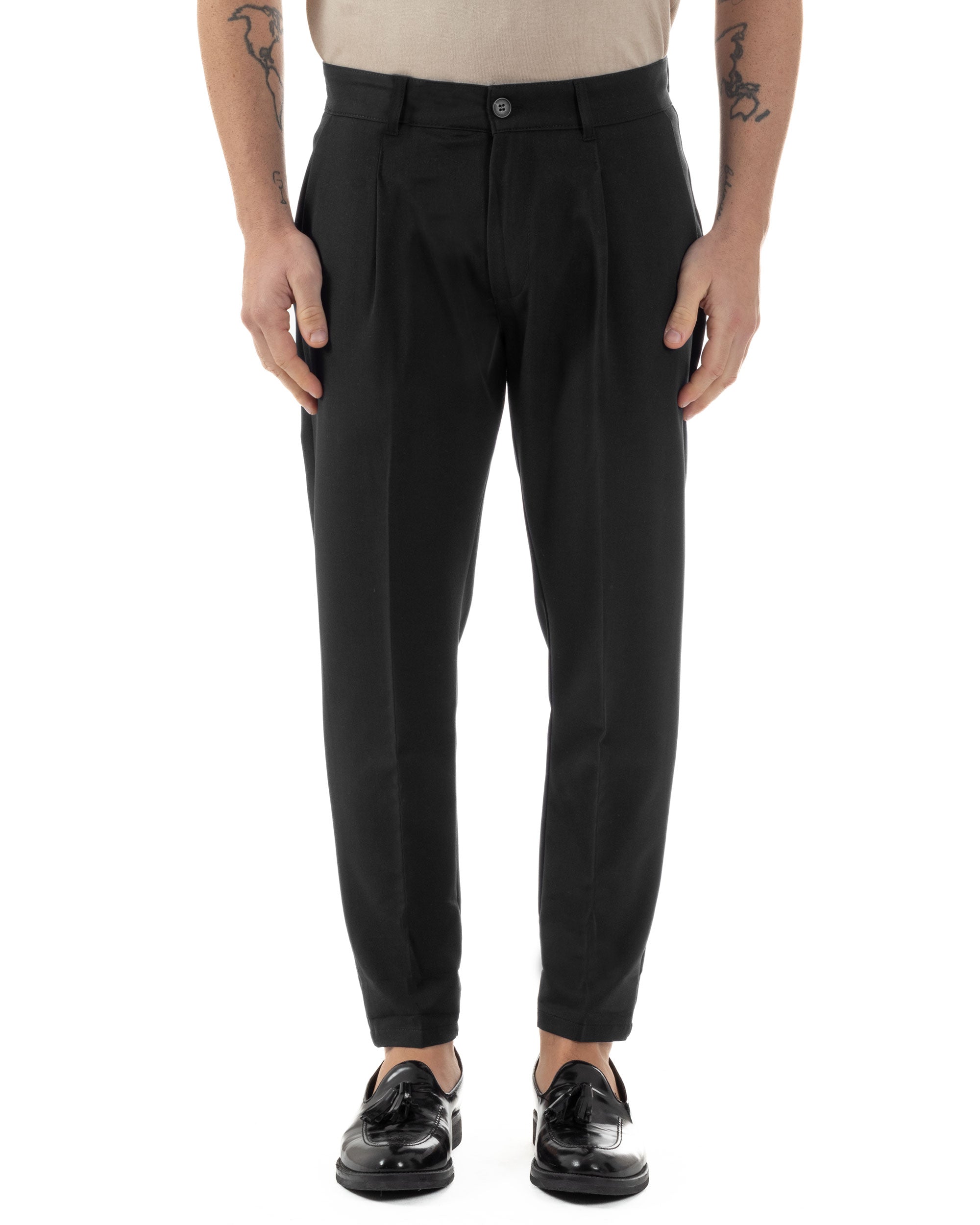 Pantaloni Uomo Viscosa Capri Casual Classico Tasche America Pinces Nero GIOSAL-P6228A