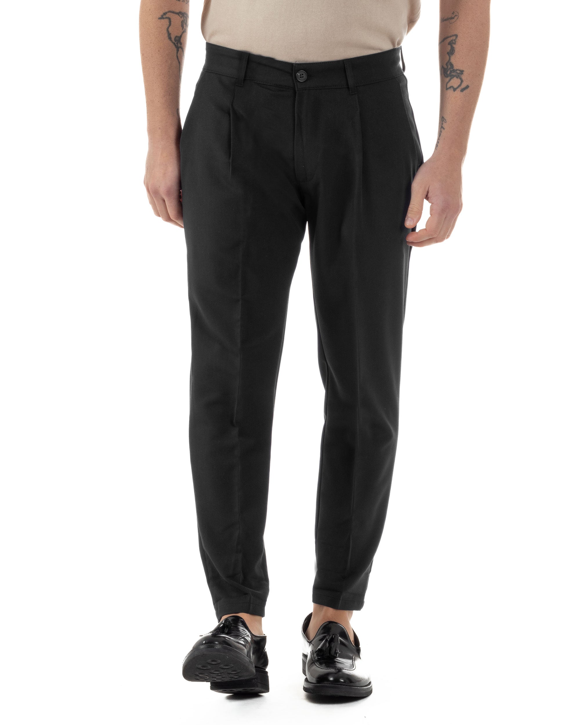 Pantaloni Uomo Viscosa Capri Casual Classico Tasche America Pinces Nero GIOSAL-P6228A