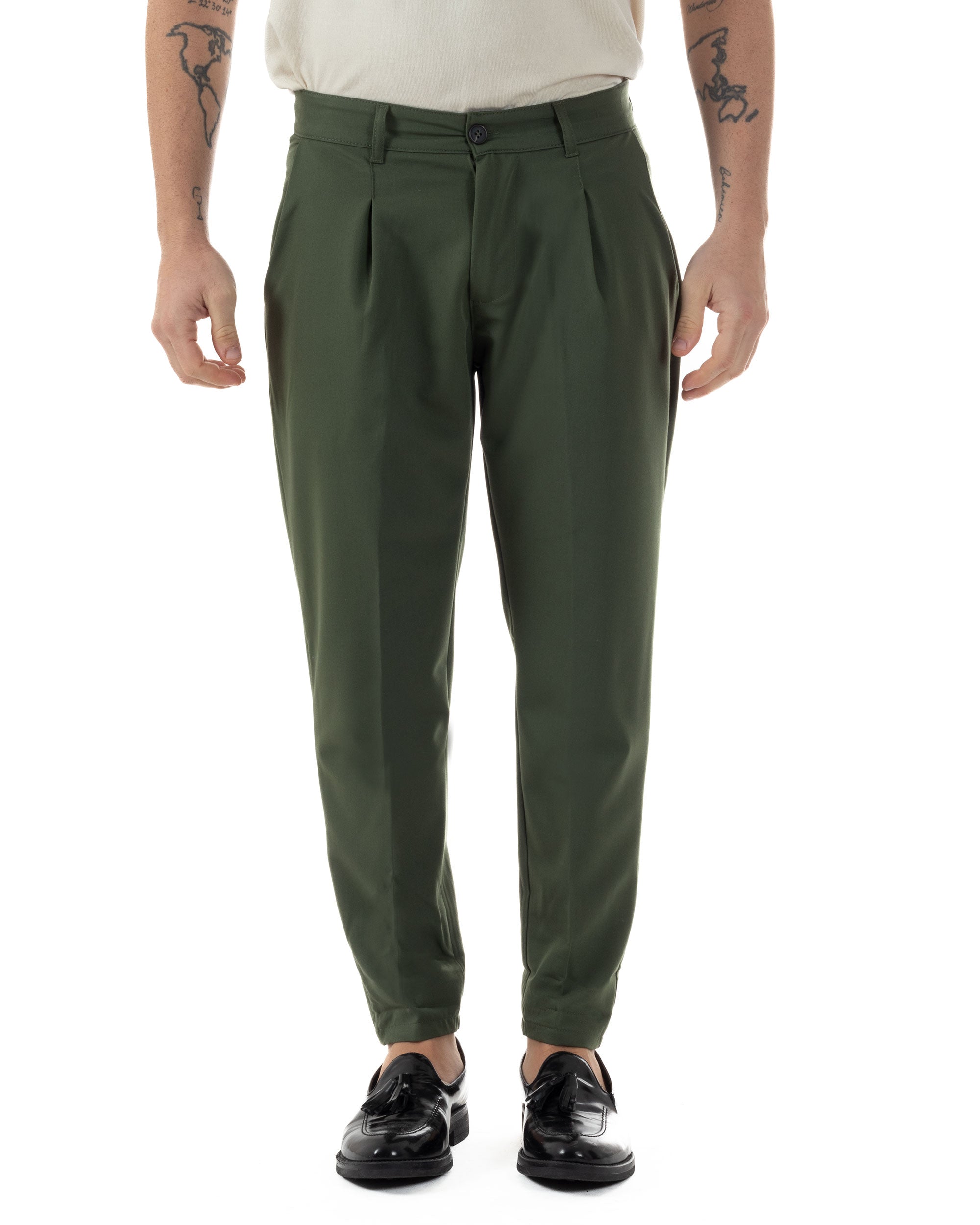 Pantaloni Uomo Viscosa Capri Casual Classico Con Tasca America Con Pinces Regular Fit Tinta Unita Verde GIOSAL-P6229A