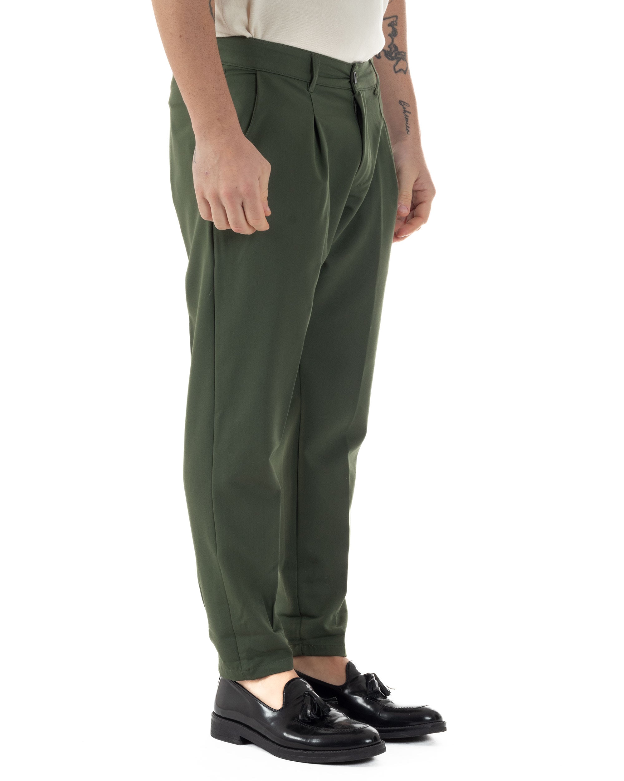 Pantaloni Uomo Viscosa Capri Casual Classico Con Tasca America Con Pinces Regular Fit Tinta Unita Verde GIOSAL-P6229A