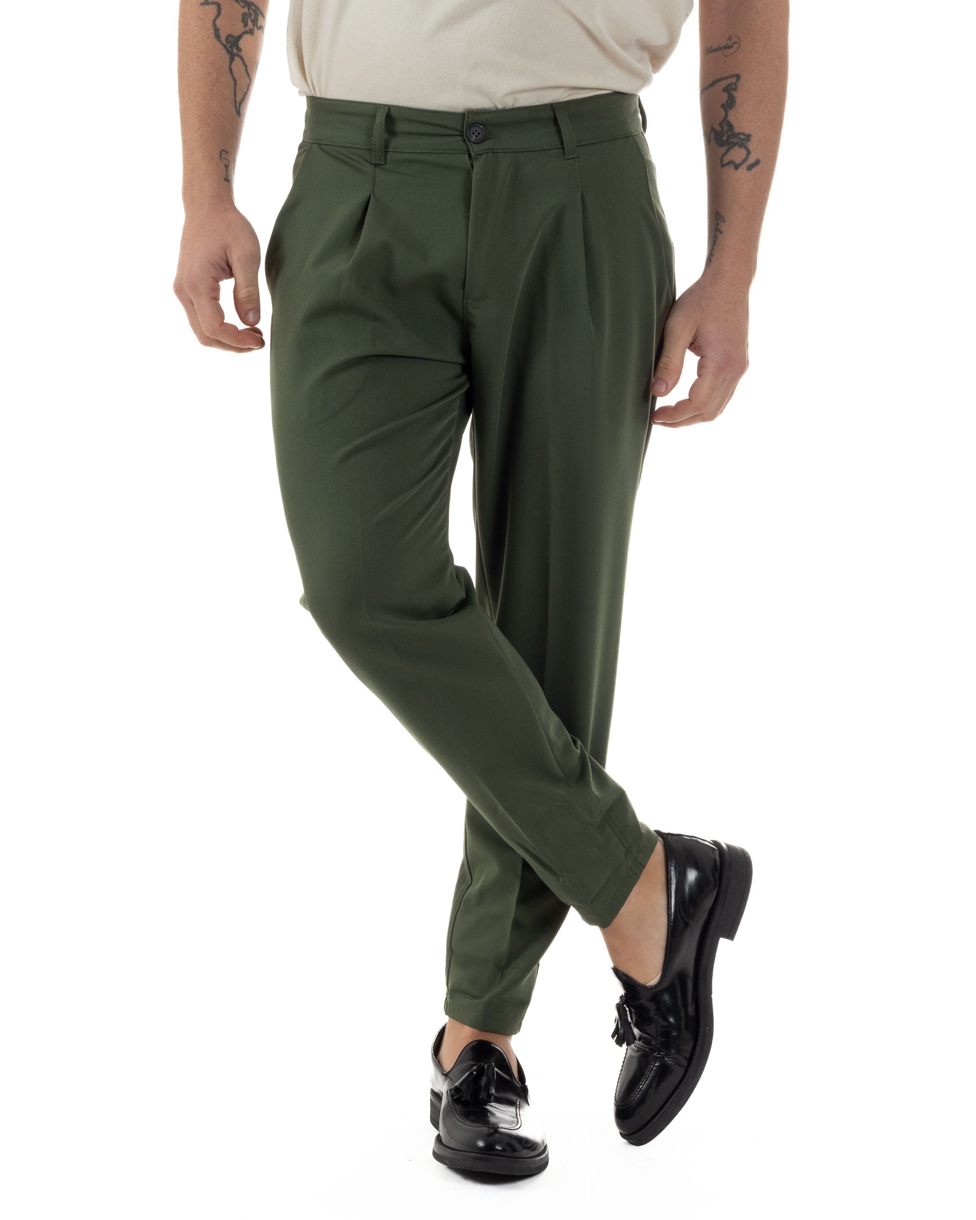 Pantaloni Uomo Viscosa Capri Casual Classico Con Tasca America Con Pinces Regular Fit Tinta Unita Verde GIOSAL-P6229A