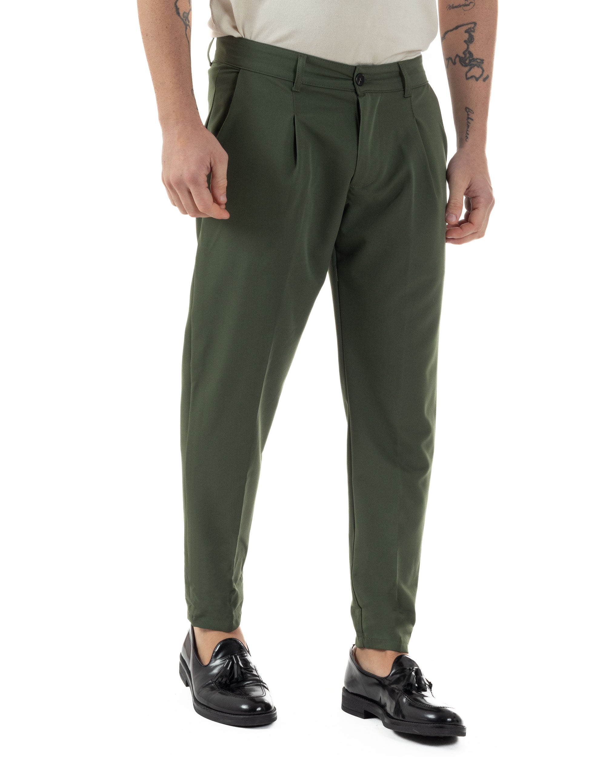 Pantaloni Uomo Viscosa Capri Casual Classico Con Tasca America Con Pinces Regular Fit Tinta Unita Verde GIOSAL-P6229A