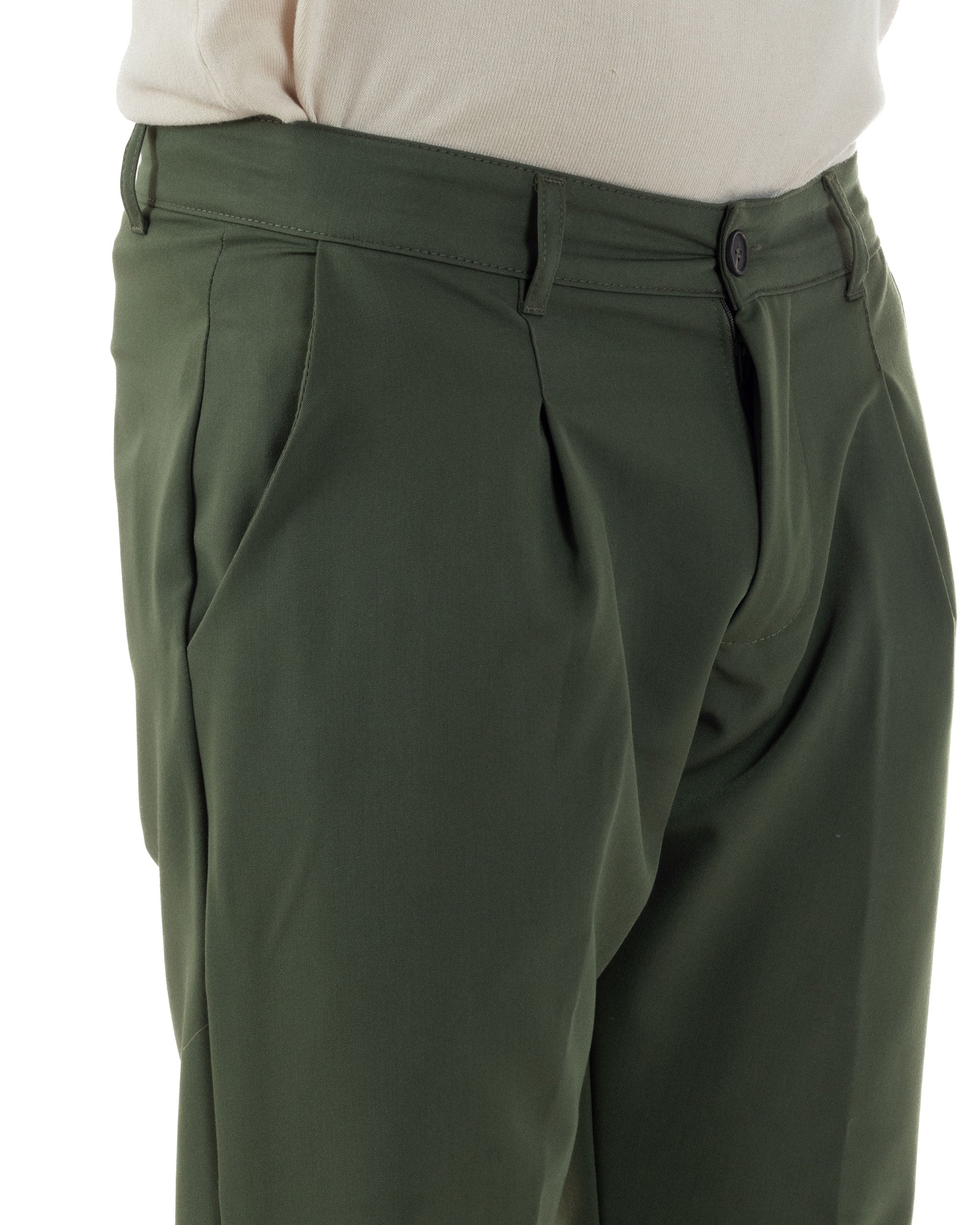 Pantaloni Uomo Viscosa Capri Casual Classico Con Tasca America Con Pinces Regular Fit Tinta Unita Verde GIOSAL-P6229A