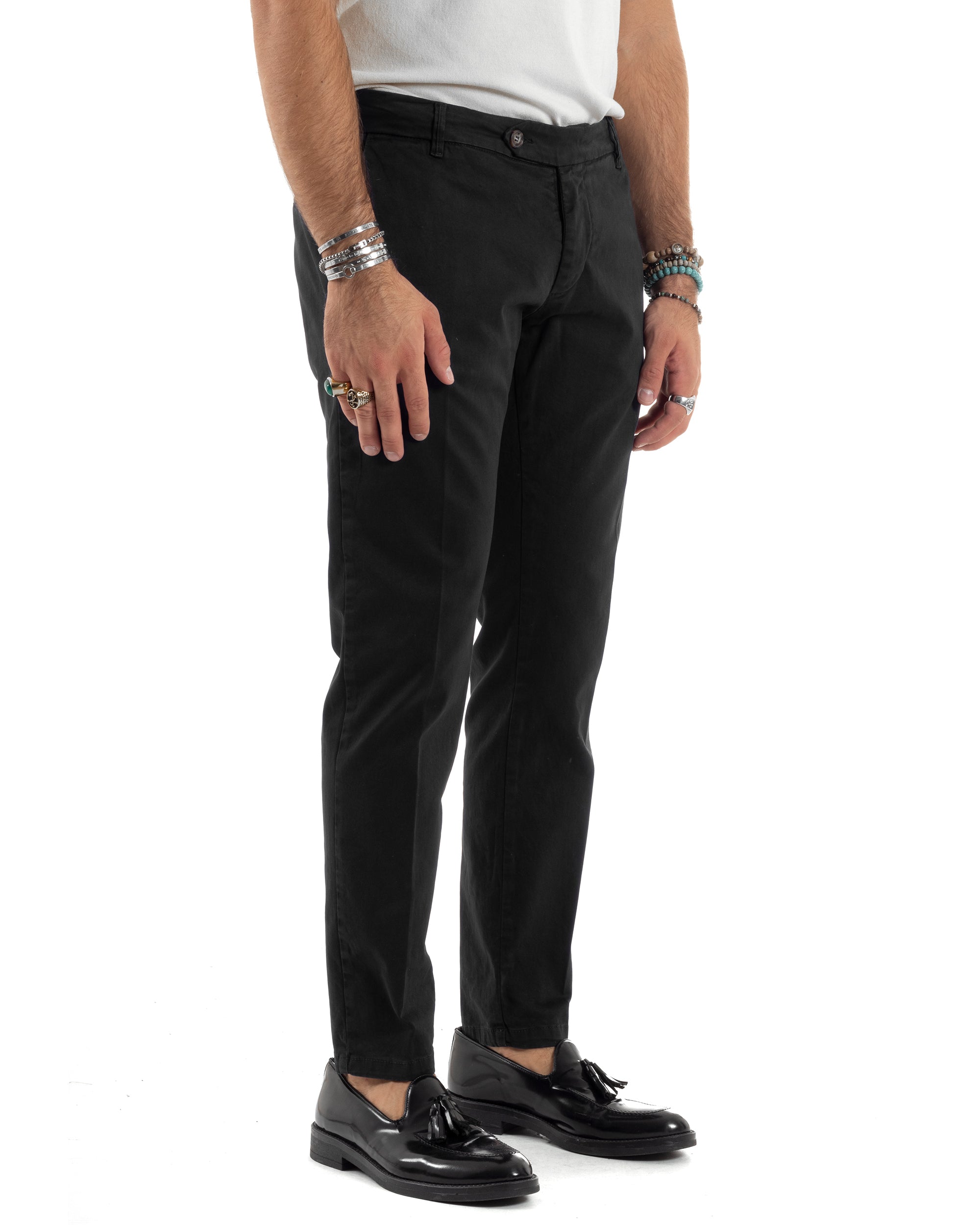 Pantaloni Uomo Chino Abbottonatura Allungata Tasca America Capri Cotone Estivo Sartoriale Slim Tinta Unita Nero GIOSAL-P6230A