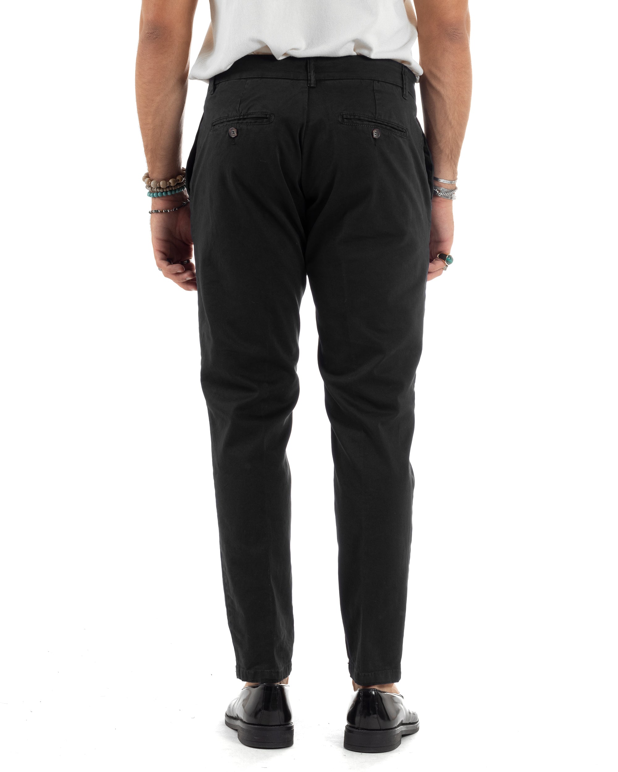 Pantaloni Uomo Chino Abbottonatura Allungata Tasca America Capri Cotone Estivo Sartoriale Slim Tinta Unita Nero GIOSAL-P6230A