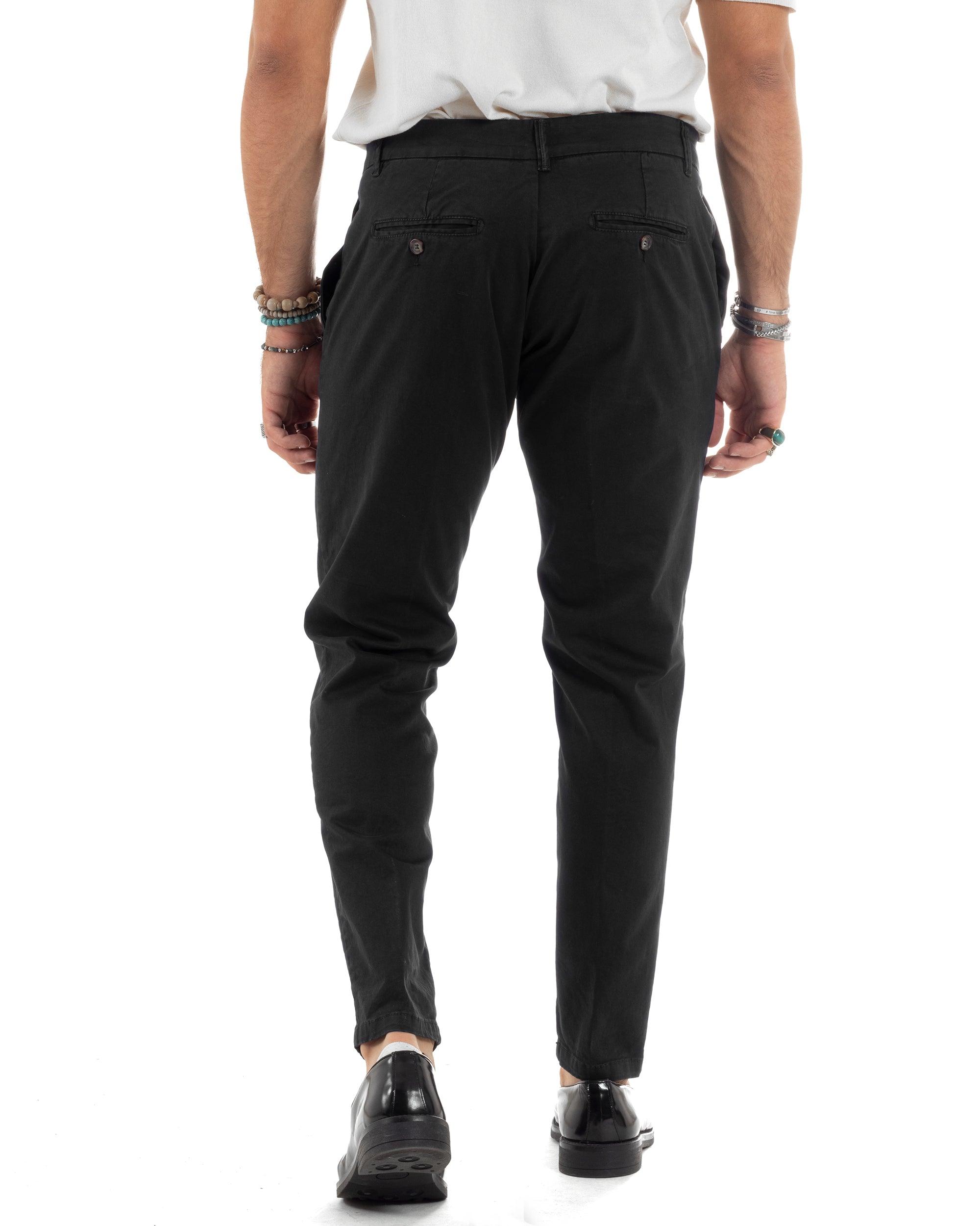 Pantaloni Uomo Chino Abbottonatura Allungata Tasca America Capri Cotone Estivo Sartoriale Slim Tinta Unita Nero GIOSAL-P6230A