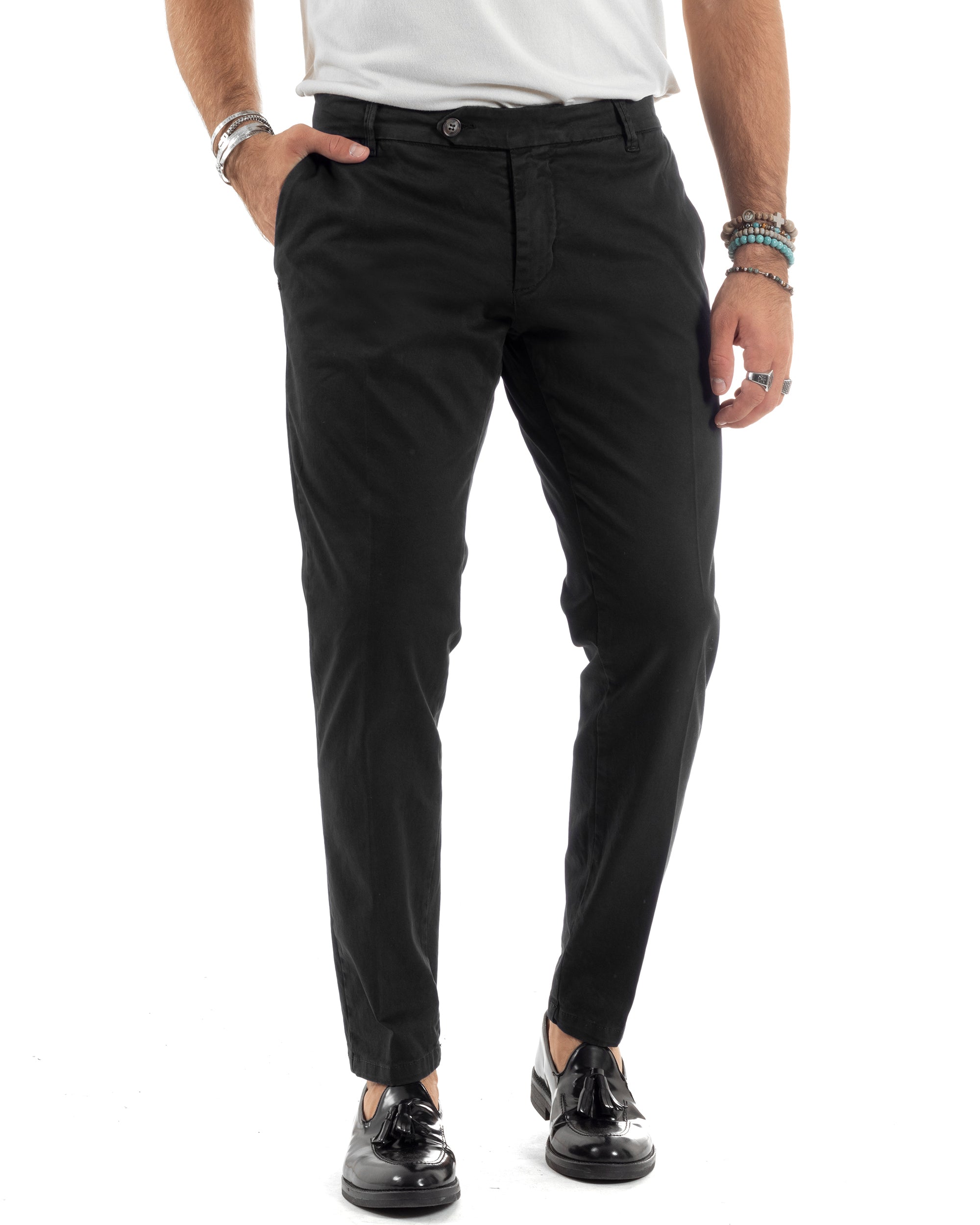 Pantaloni Uomo Chino Abbottonatura Allungata Tasca America Capri Cotone Estivo Sartoriale Slim Tinta Unita Nero GIOSAL-P6230A