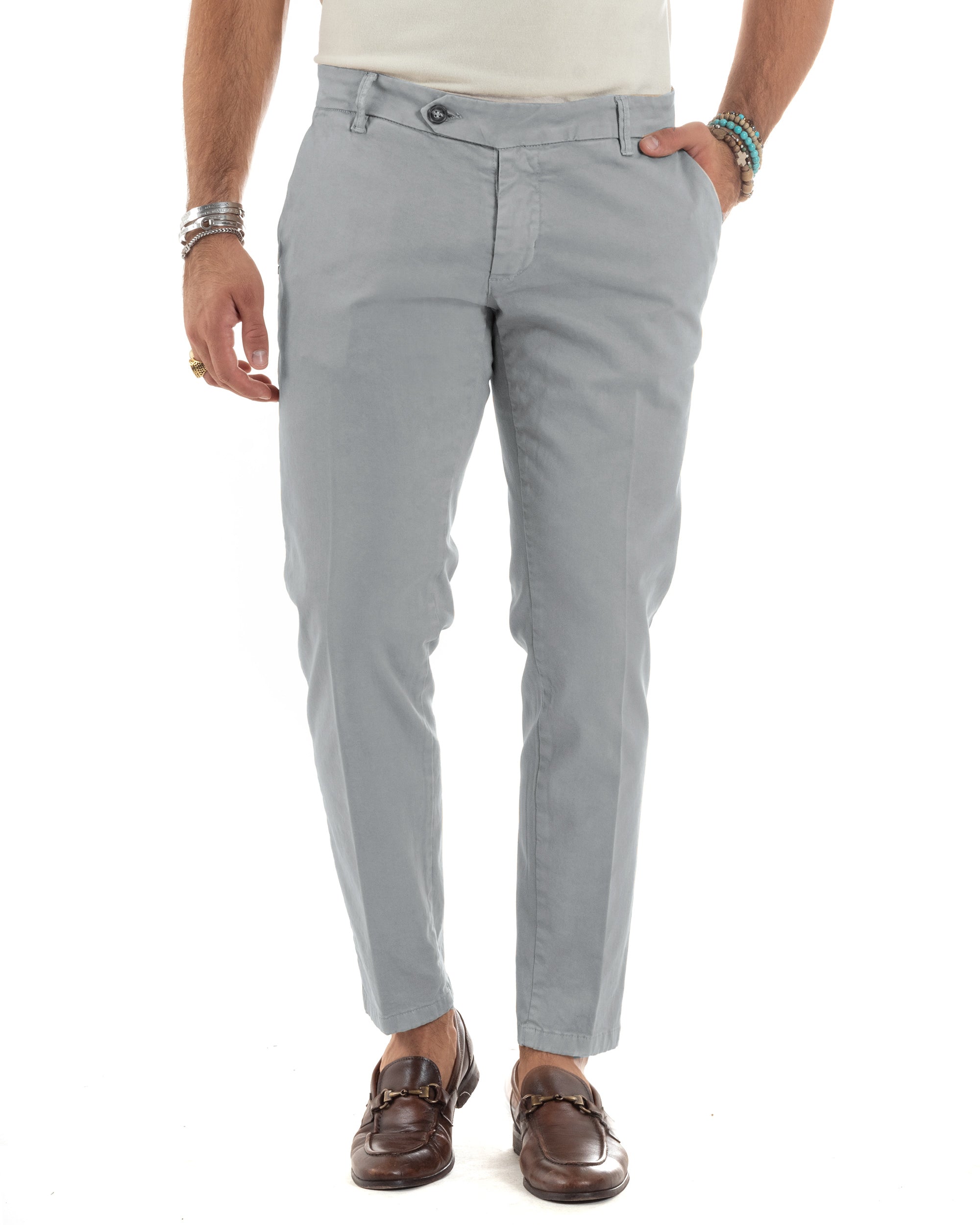 Pantaloni Uomo Chino Abbottonatura Allungata Tasca America Capri Cotone Estivo Sartoriale Slim Tinta Unita Grigio GIOSAL-P6231A