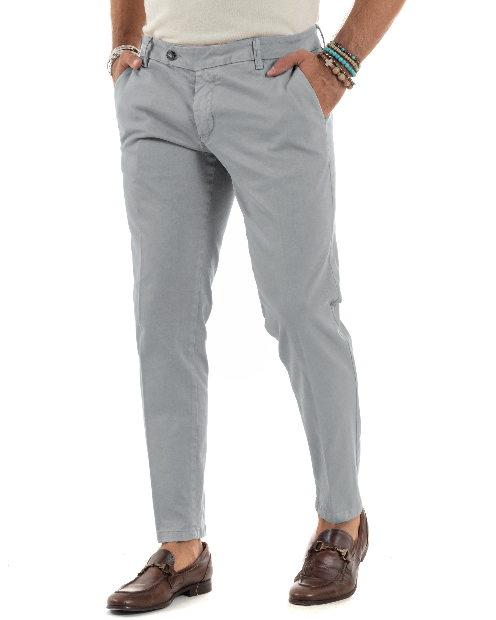 Pantaloni Uomo Chino Abbottonatura Allungata Tasca America Capri Cotone Estivo Sartoriale Slim Tinta Unita Grigio GIOSAL-P6231A
