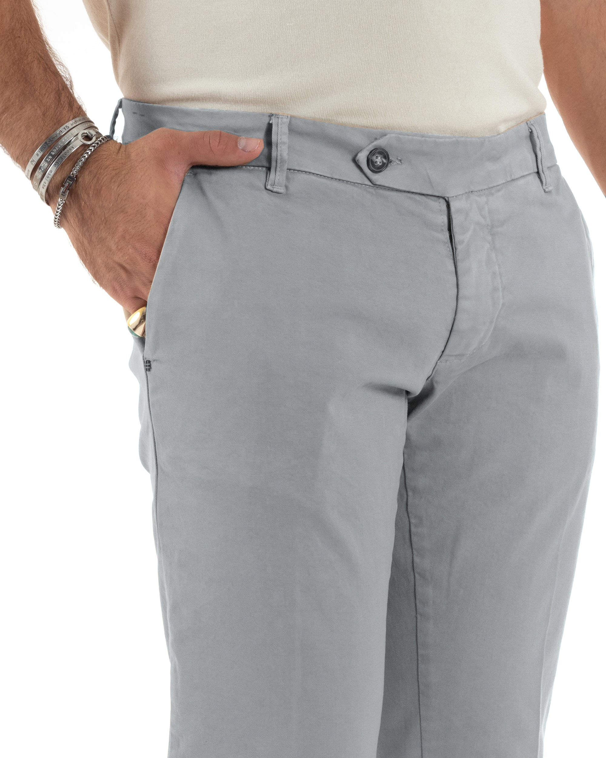 Pantaloni Uomo Chino Abbottonatura Allungata Tasca America Capri Cotone Estivo Sartoriale Slim Tinta Unita Grigio GIOSAL-P6231A