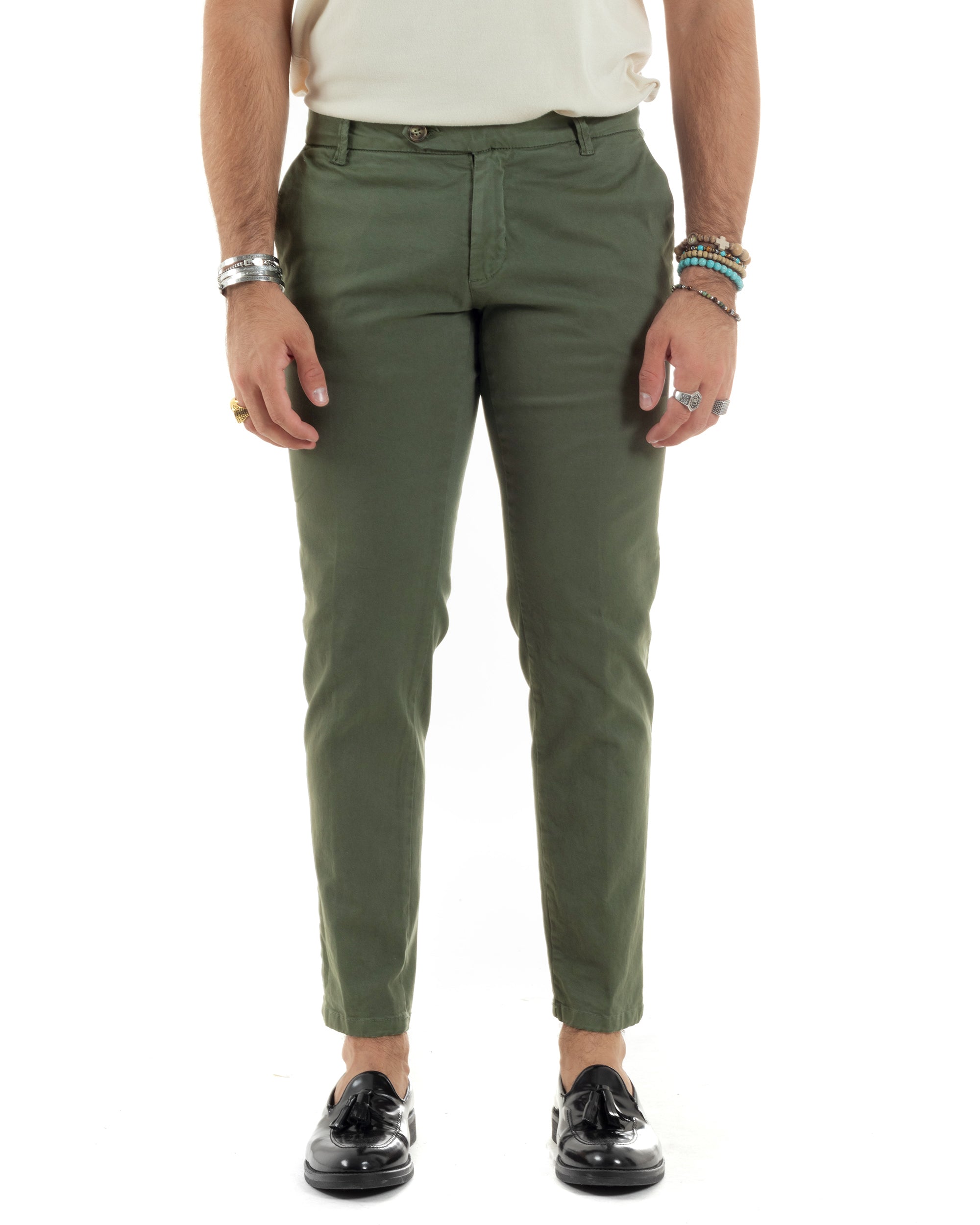 Pantaloni Uomo Chino Abbottonatura Allungata Tasca America Capri Cotone Estivo Sartoriale Slim Tinta Unita Verde GIOSAL-P6232A