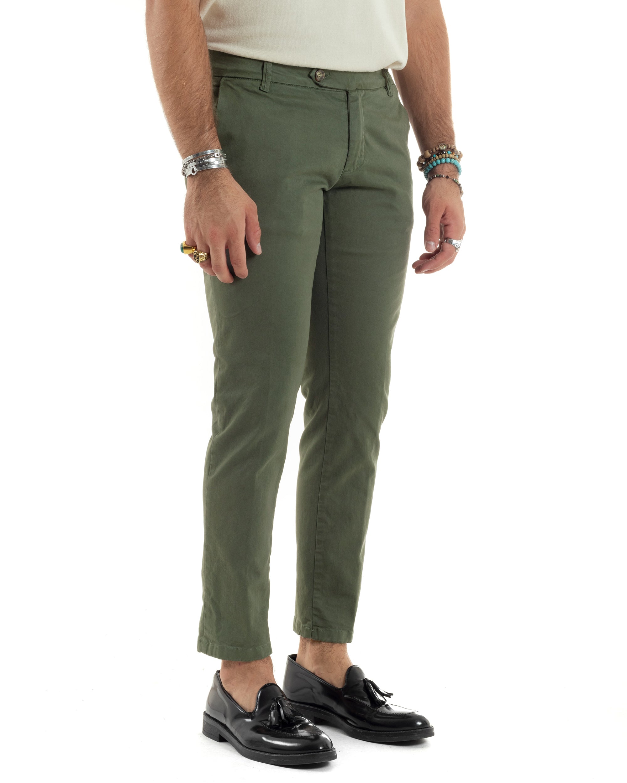 Pantaloni Uomo Chino Abbottonatura Allungata Tasca America Capri Cotone Estivo Sartoriale Slim Tinta Unita Verde GIOSAL-P6232A
